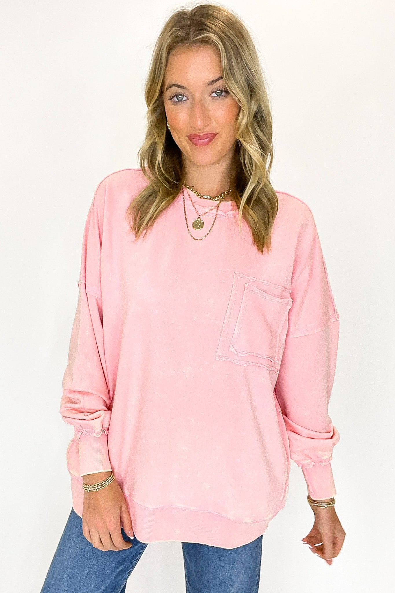 Dark Pink / S Daily Cozy Acid Wash Raw Edge Pullover - BACK IN STOCK - Madison and Mallory