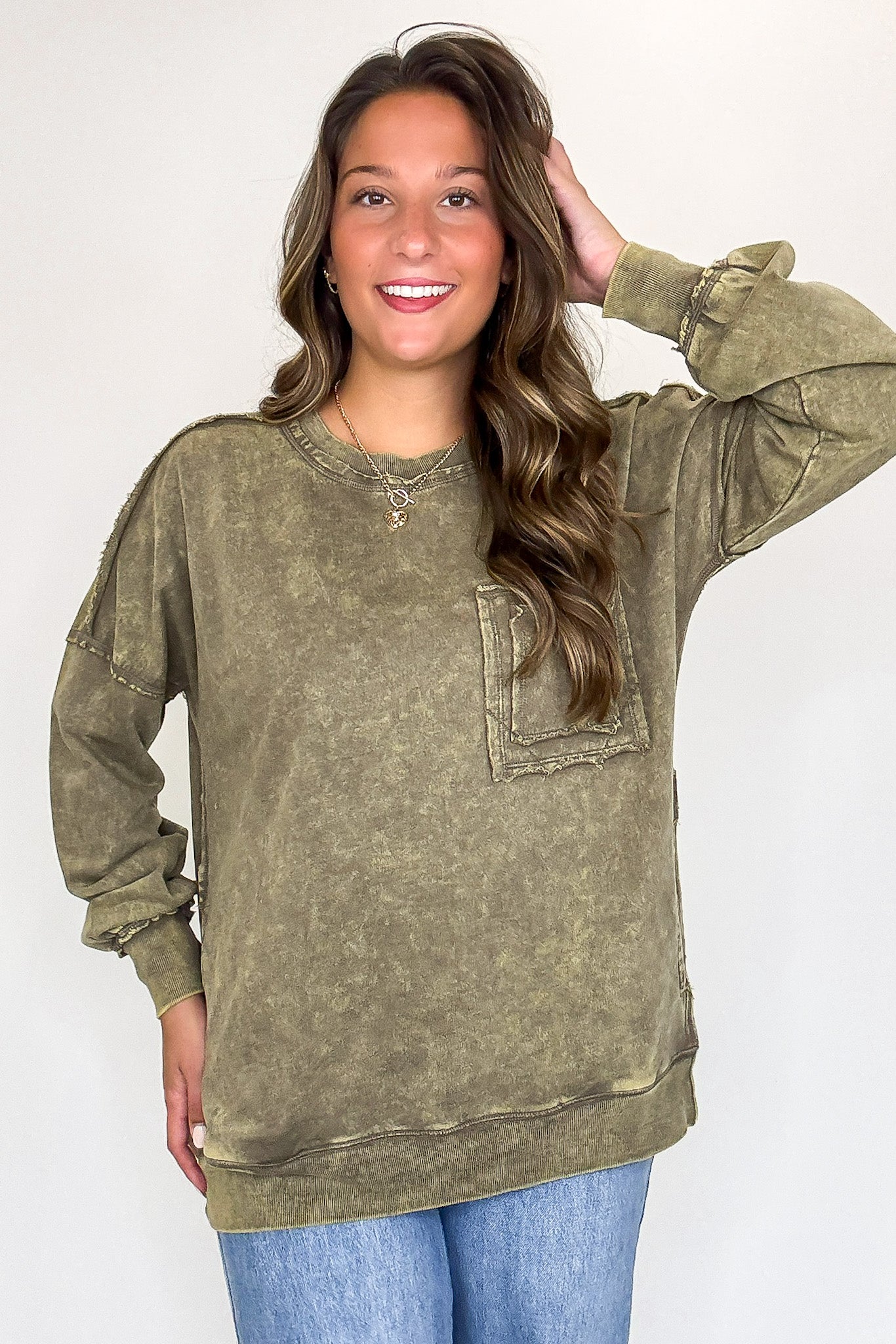 Daily Cozy Acid Wash Raw Edge Pullover - BACK IN STOCK