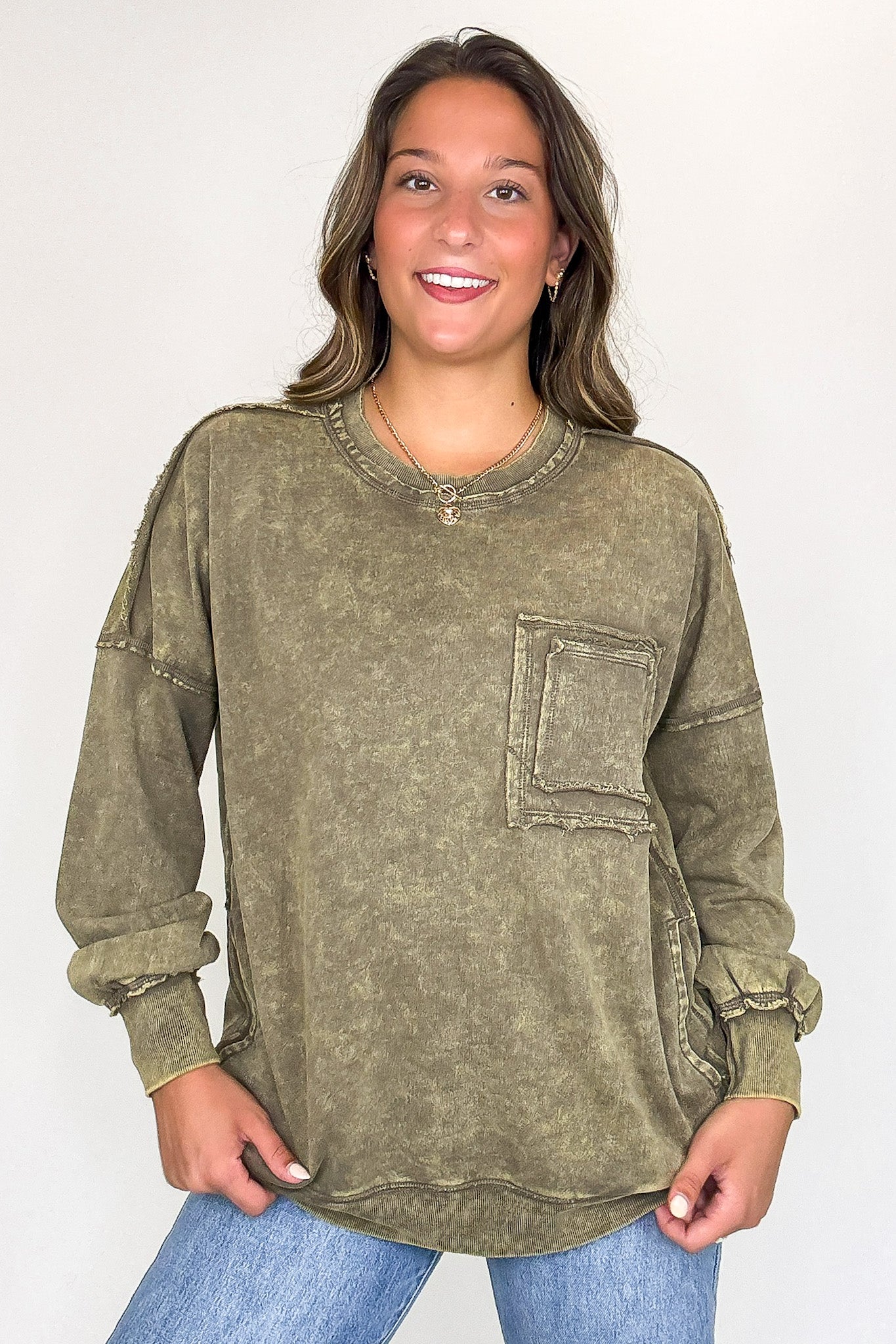 Daily Cozy Acid Wash Raw Edge Pullover - BACK IN STOCK