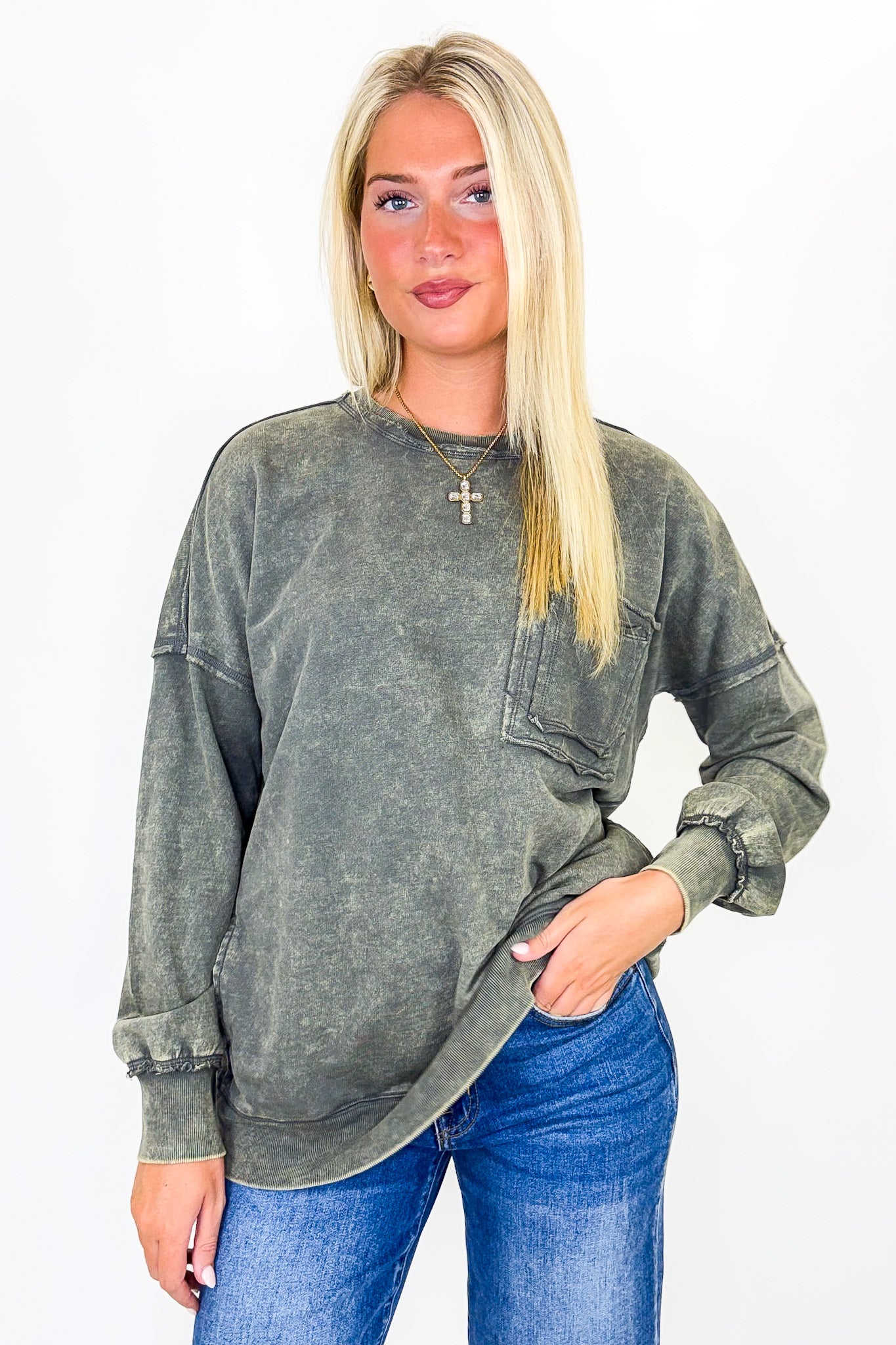 Daily Cozy Acid Wash Raw Edge Pullover – Madison + Mallory
