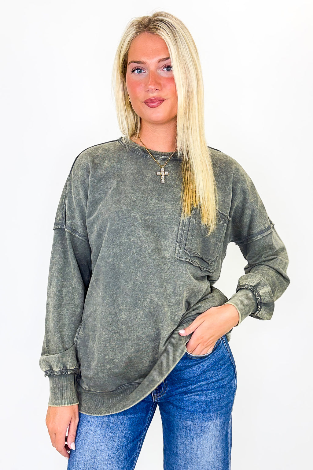 Daily Cozy Acid Wash Raw Edge Pullover - BACK IN STOCK