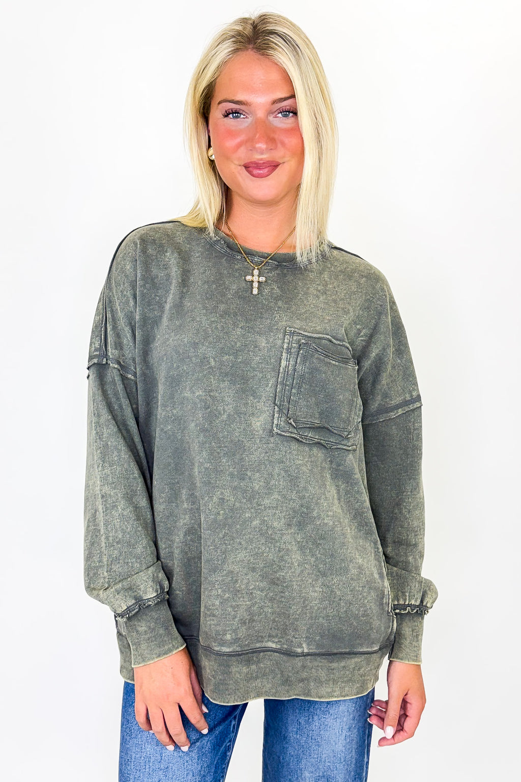 Mocha Gray / S Daily Cozy Acid Wash Raw Edge Pullover - Madison and Mallory