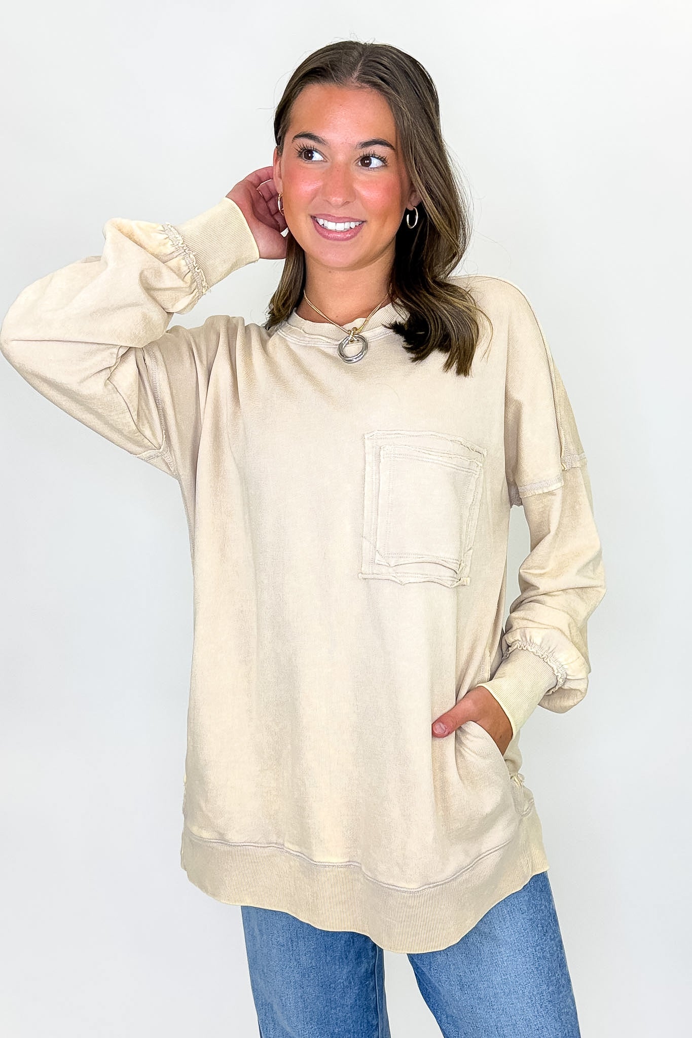 Daily Cozy Acid Wash Raw Edge Pullover - BACK IN STOCK