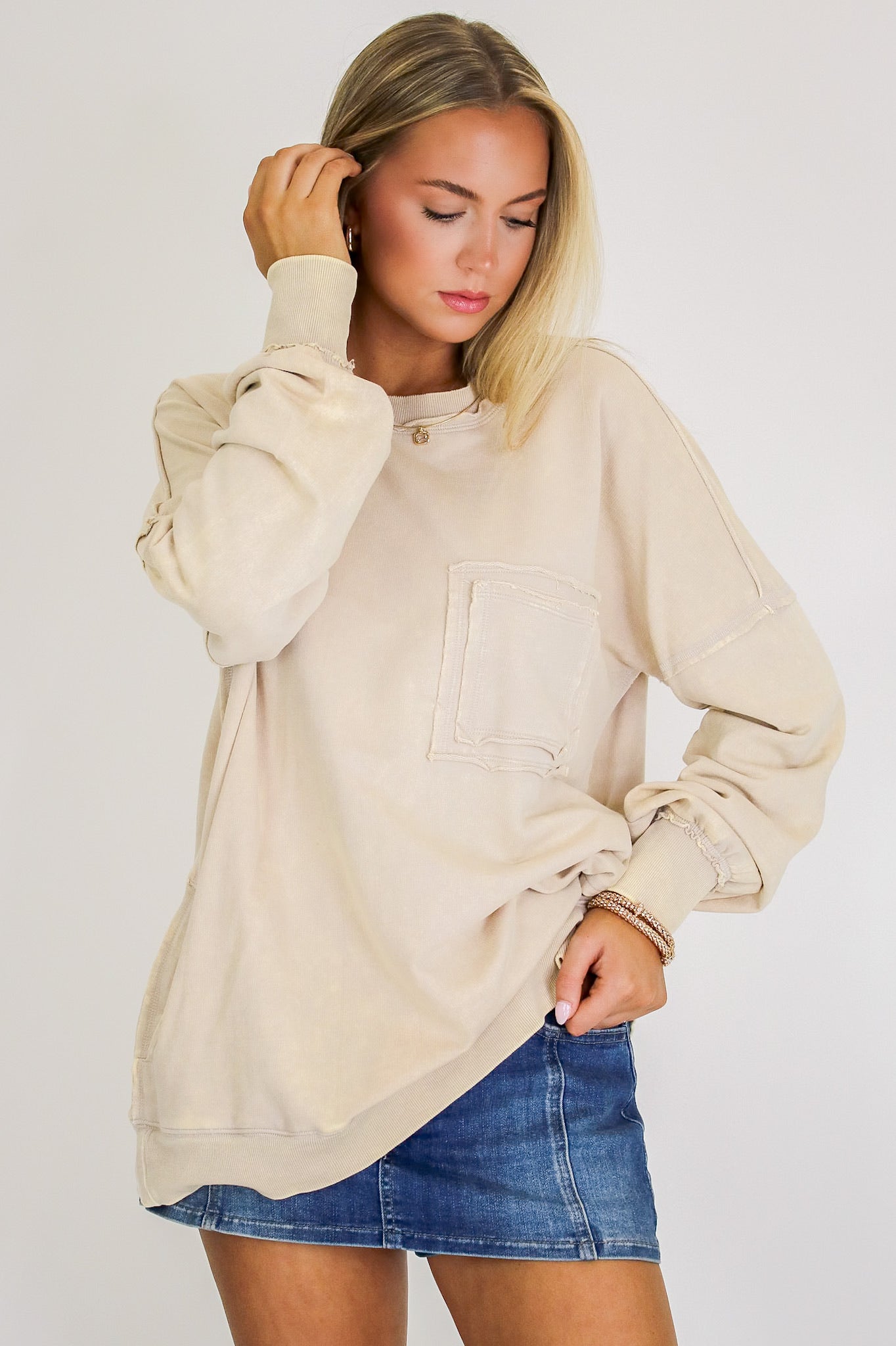 Daily Cozy Acid Wash Raw Edge Pullover