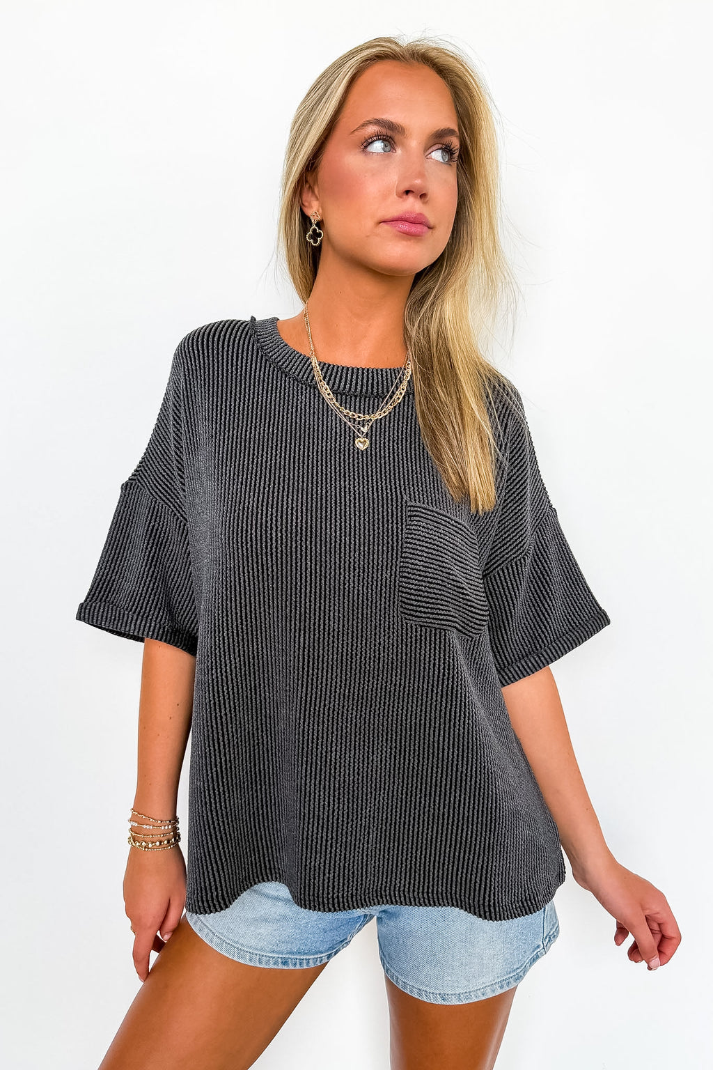 Charcoal / SM Daily Drift Rib Knit Pocket Top - Madison and Mallory