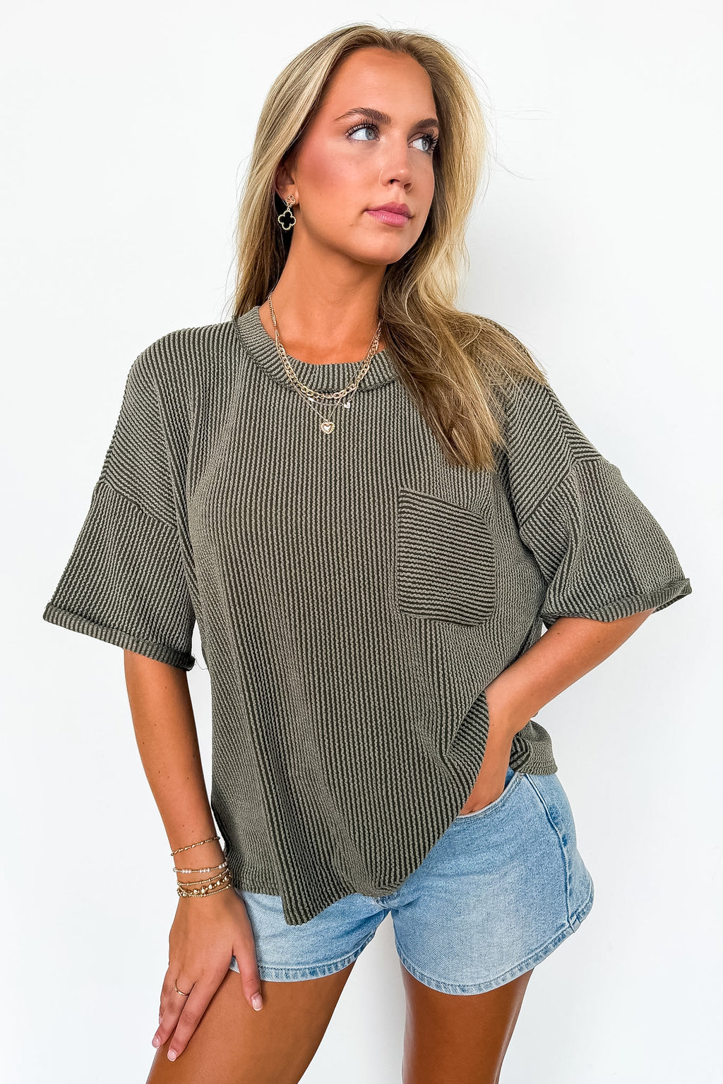 Dark Olive / SM Daily Drift Rib Knit Pocket Top - Madison and Mallory