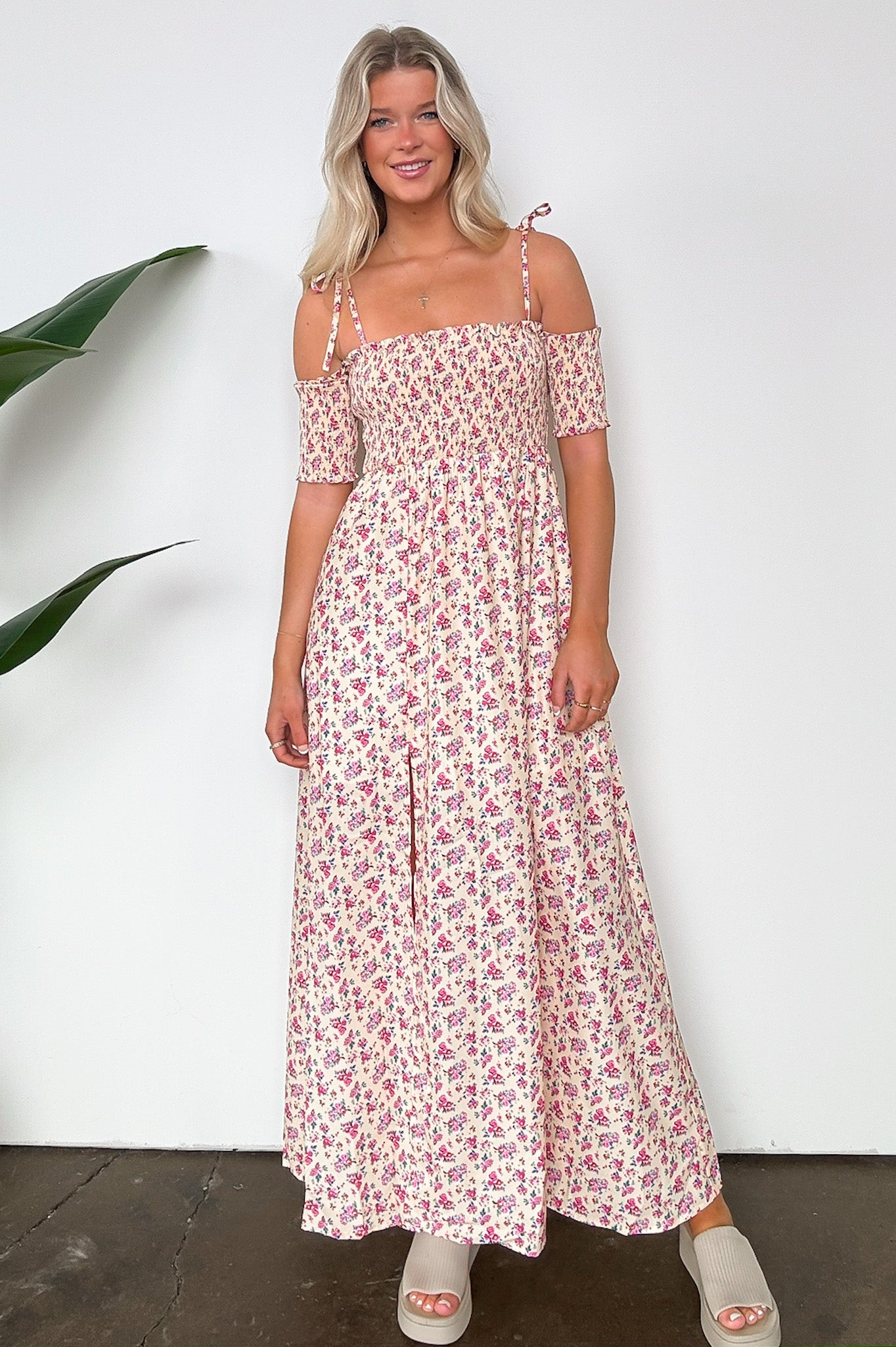  Darling Energy Off Shoulder Smocked Floral Maxi Dress - Madison and Mallory