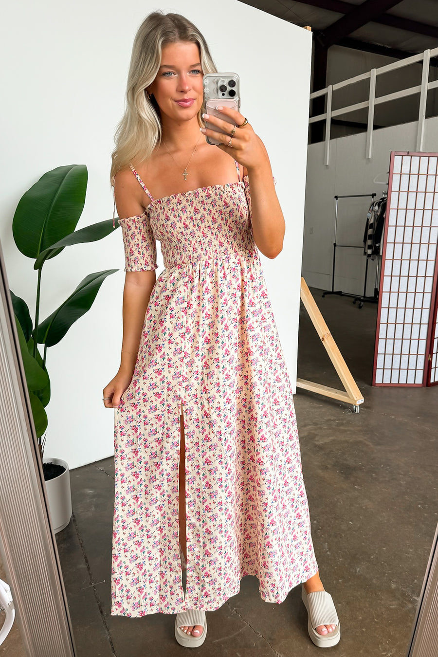  Darling Energy Off Shoulder Smocked Floral Maxi Dress - Madison and Mallory