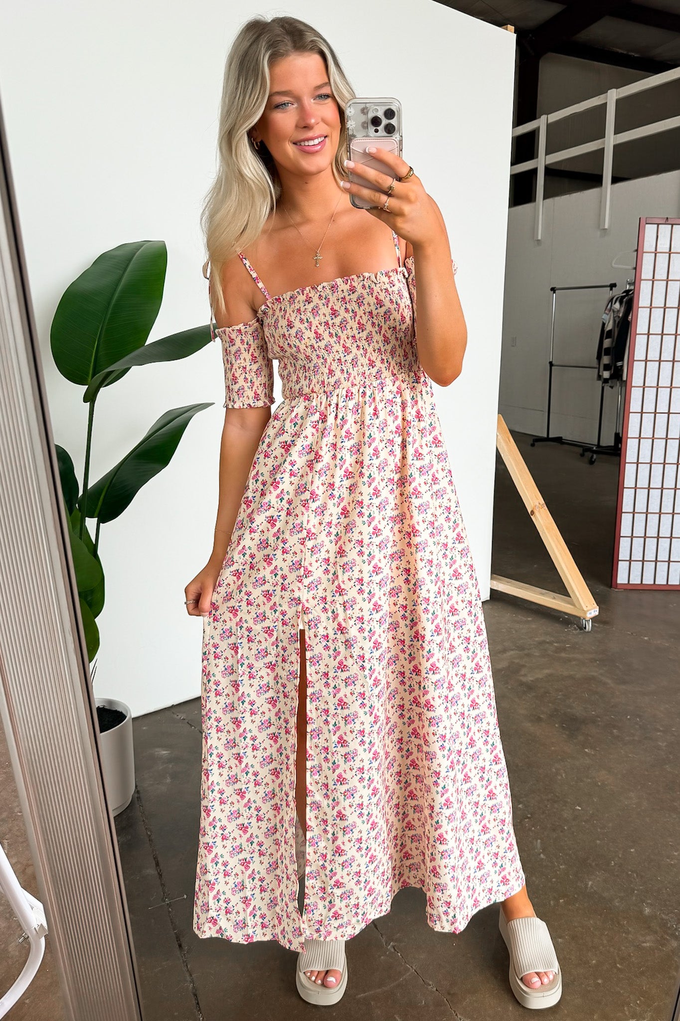 Yellow/Pink / S Darling Energy Off Shoulder Smocked Floral Maxi Dress - Madison and Mallory