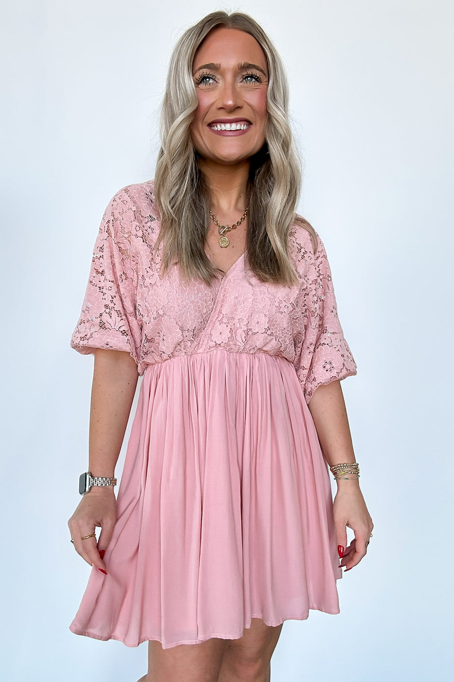  Darling Favorite Lace Detail Surplice Dress - Madison and Mallory