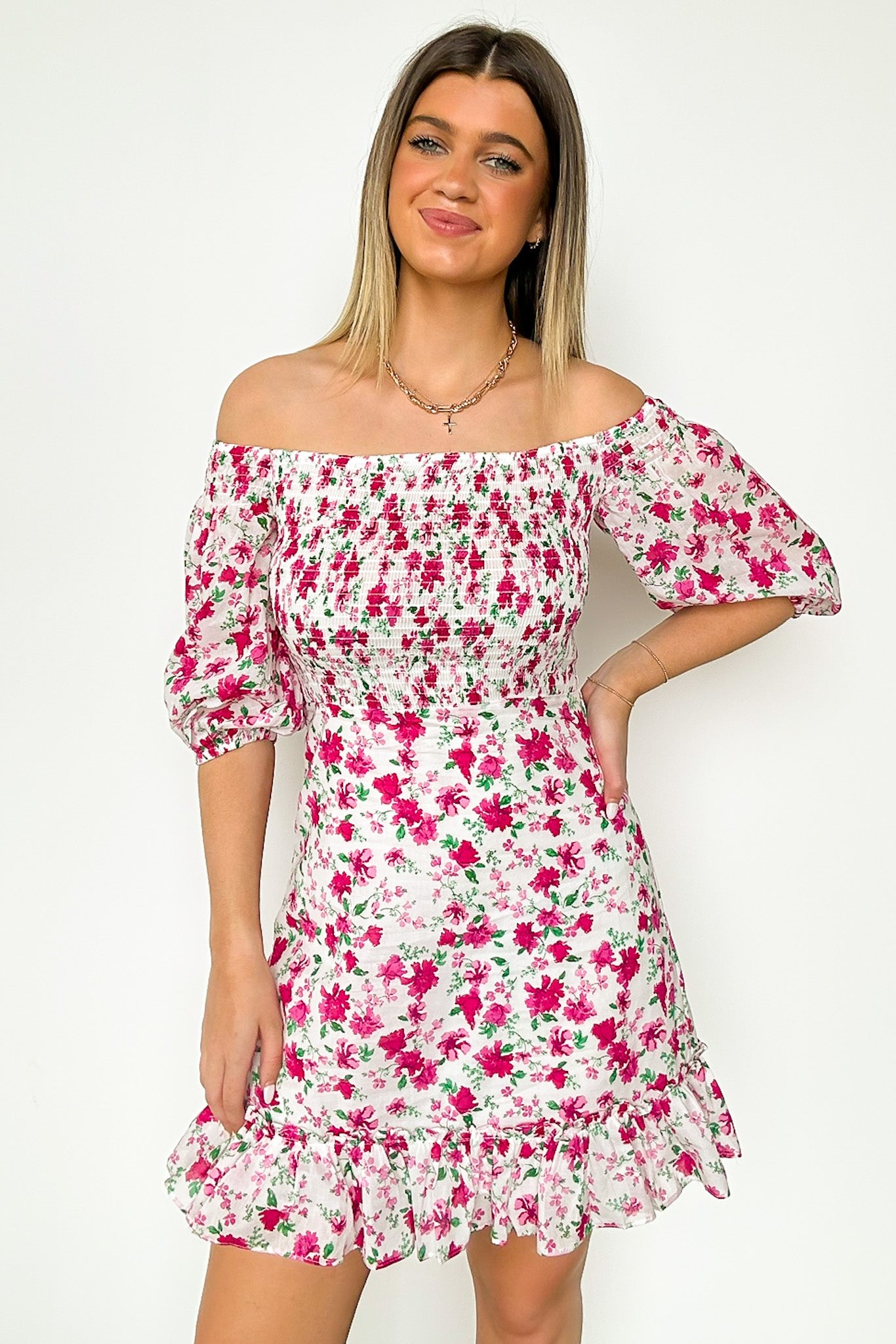  Darling Icon Off Shoulder Smocked Floral Dress - Madison and Mallory