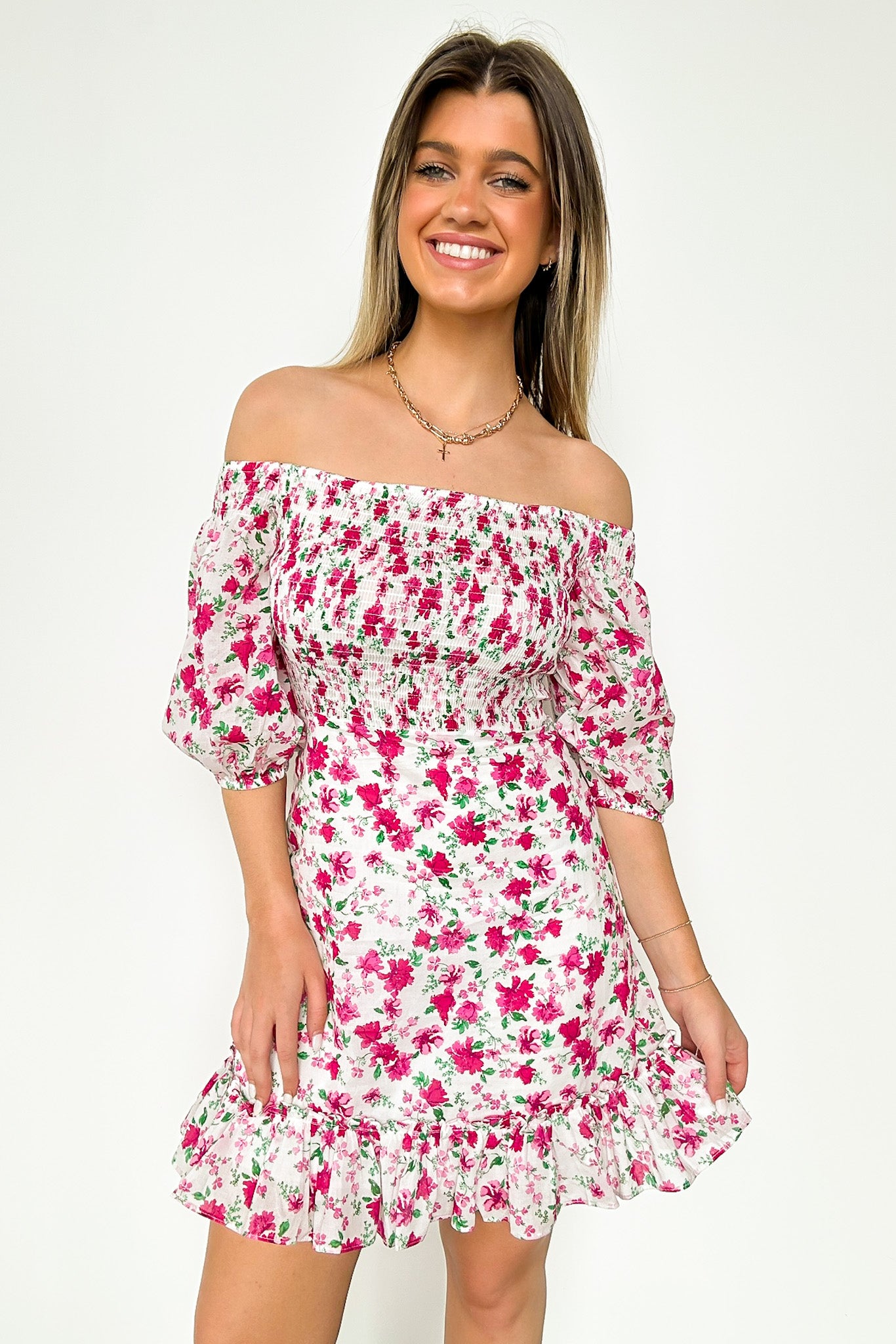  Darling Icon Off Shoulder Smocked Floral Dress - Madison and Mallory