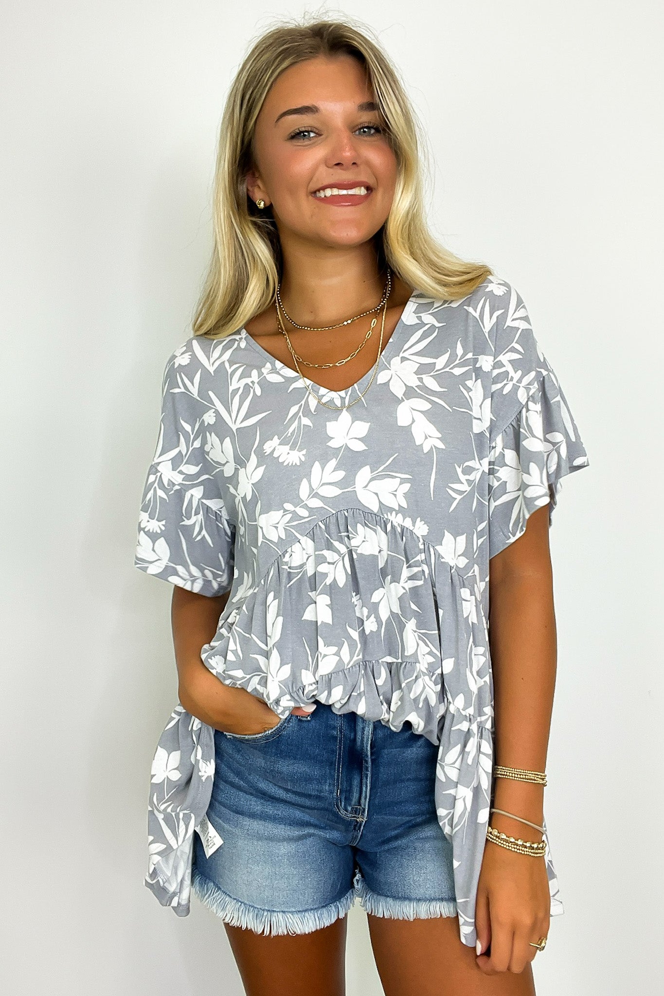 Gray / S Darling Life Floral Tiered Babydoll Tunic Top - FINAL SALE - Madison and Mallory