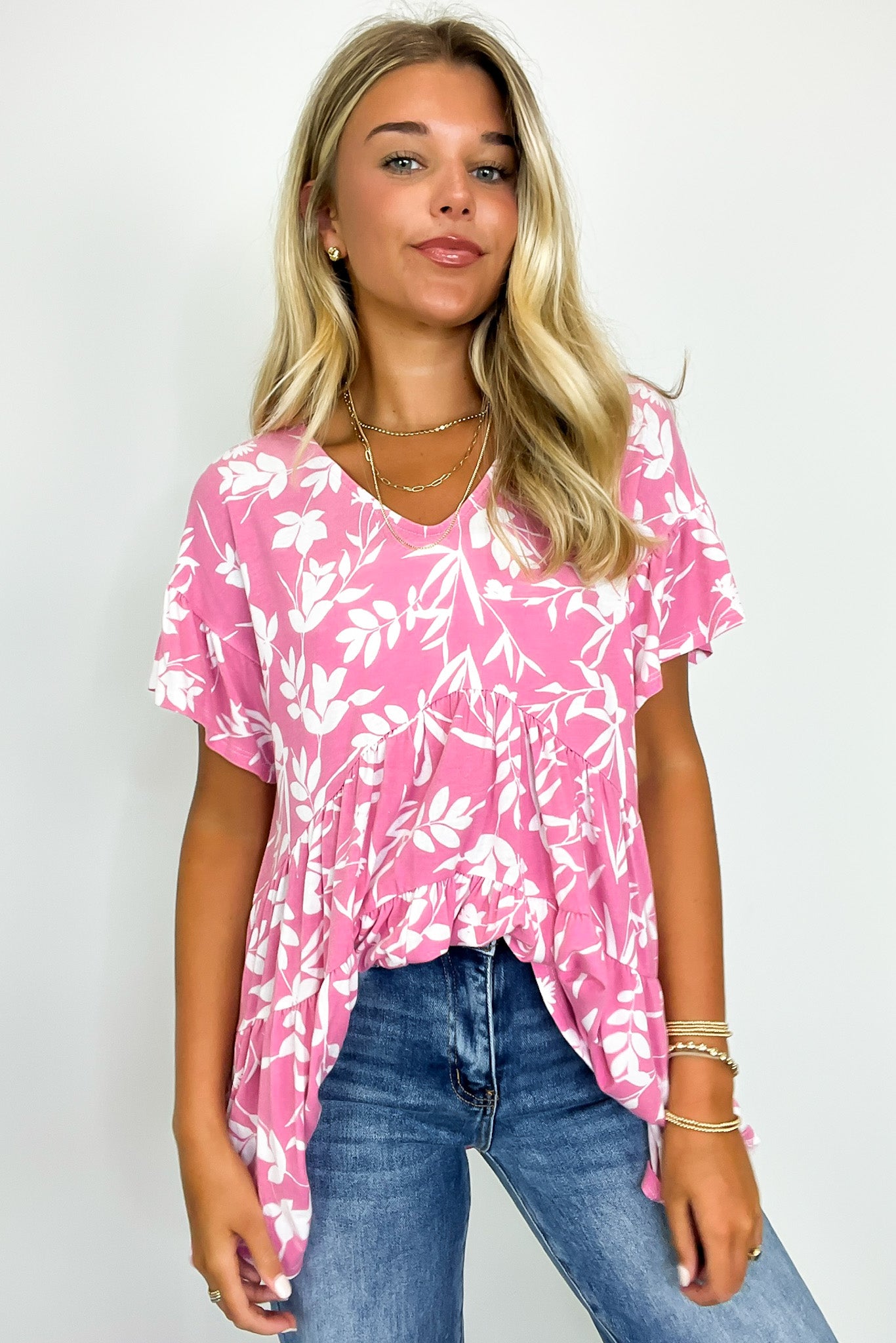 Pink / S Darling Life Floral Tiered Babydoll Tunic Top - FINAL SALE - Madison and Mallory