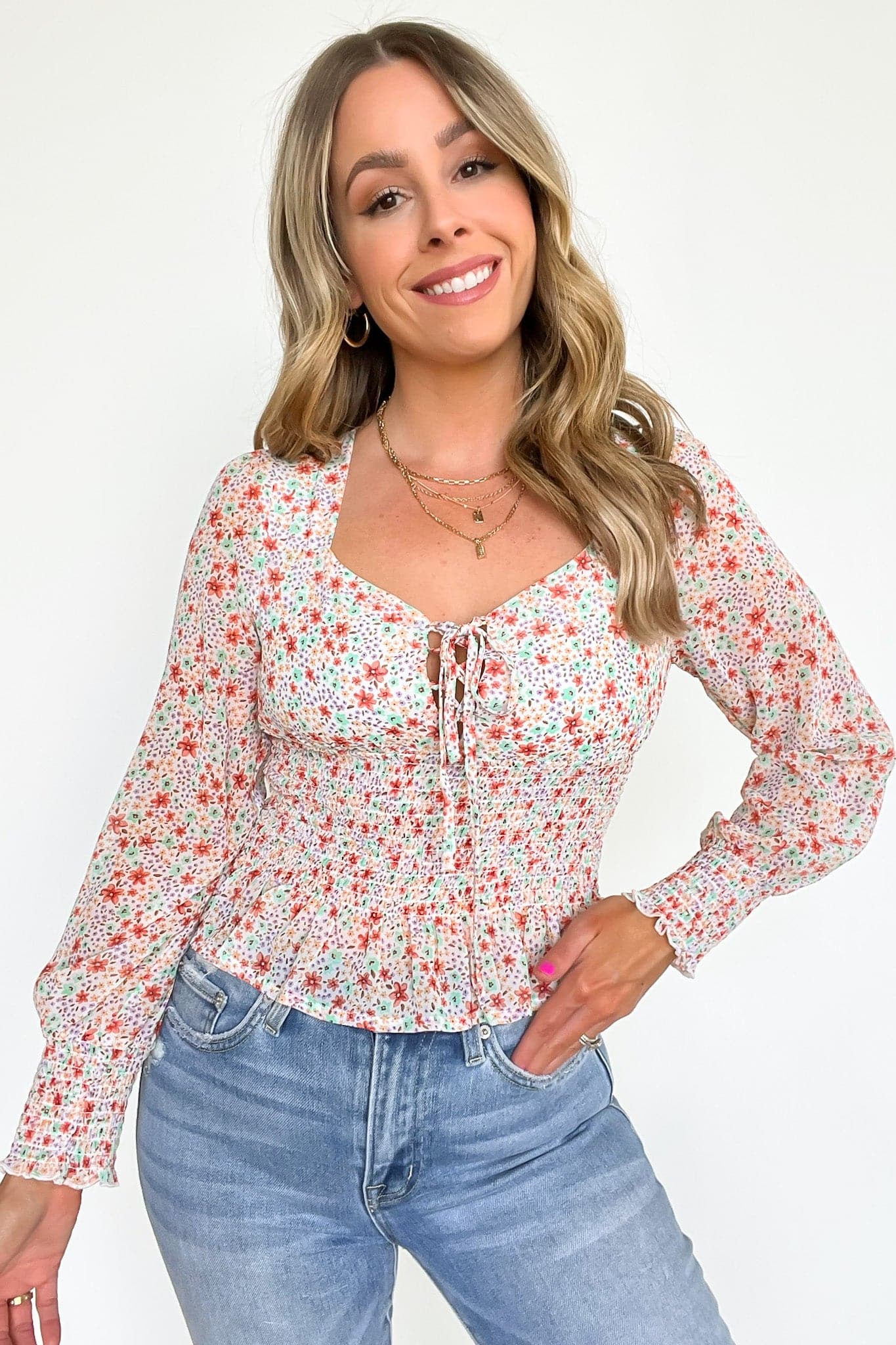 Ivory / S Daryan Floral Print Smocked Top - FINAL SALE - Madison and Mallory