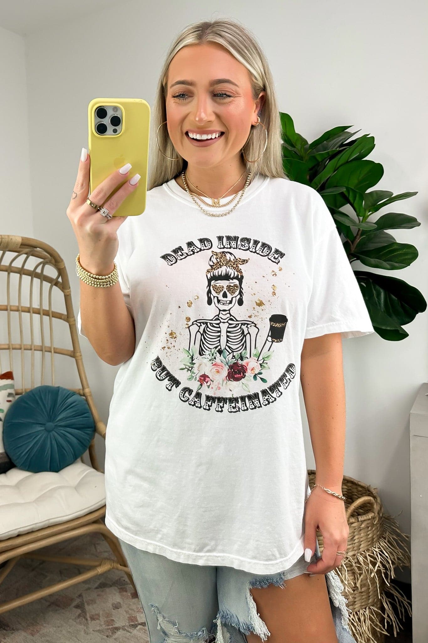 SM / White Dead Inside But Caffeinated Oversized Graphic Tee - FINAL SALE - Madison and Mallory