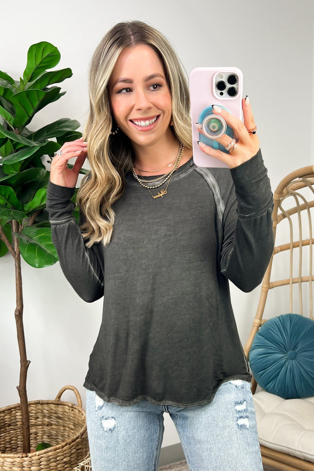 Deela Washed Scoop Neck Thumb Hole Top - FINAL SALE - Madison and Mallory