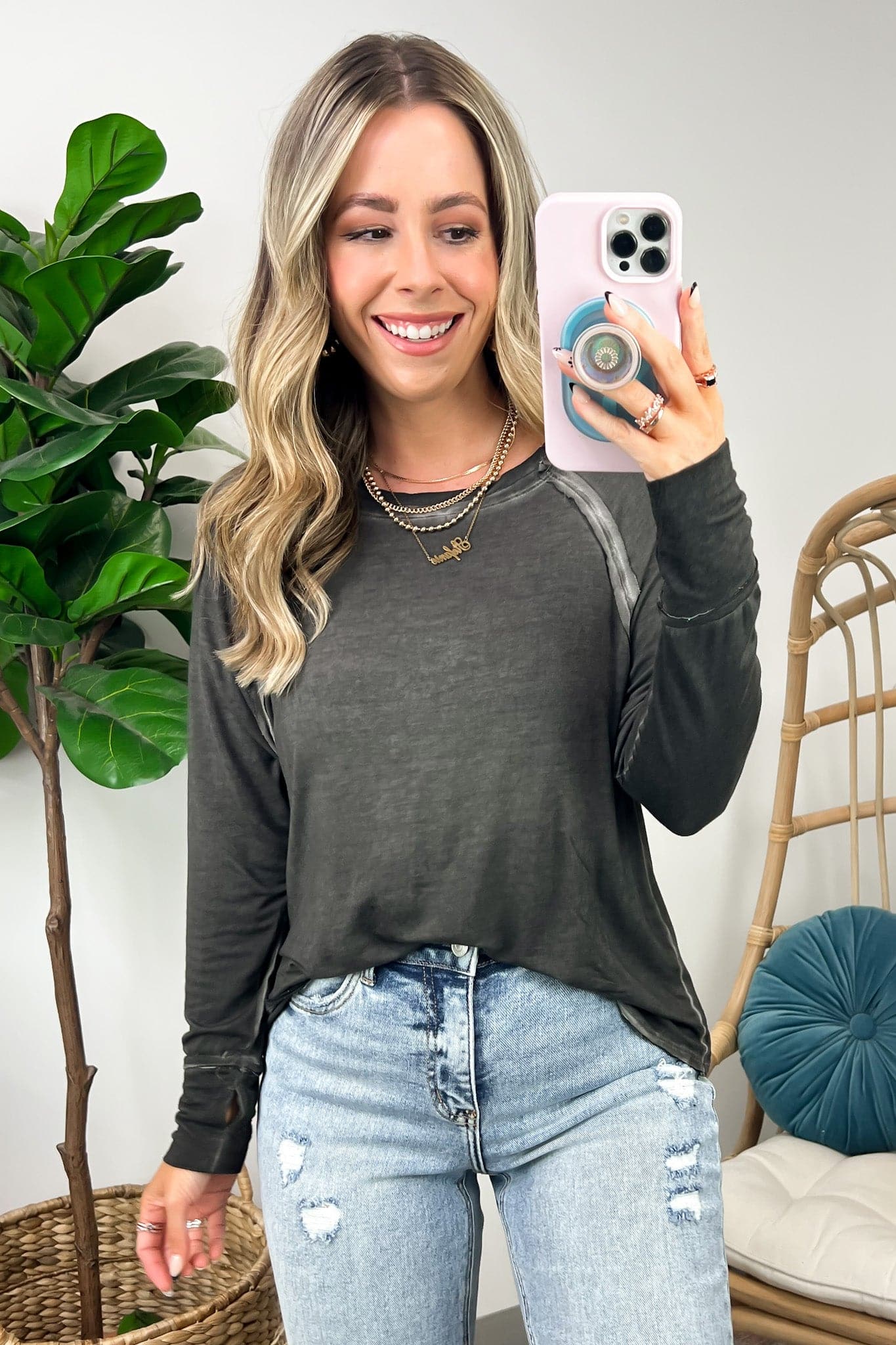 Deela Washed Scoop Neck Thumb Hole Top - FINAL SALE - Madison and Mallory