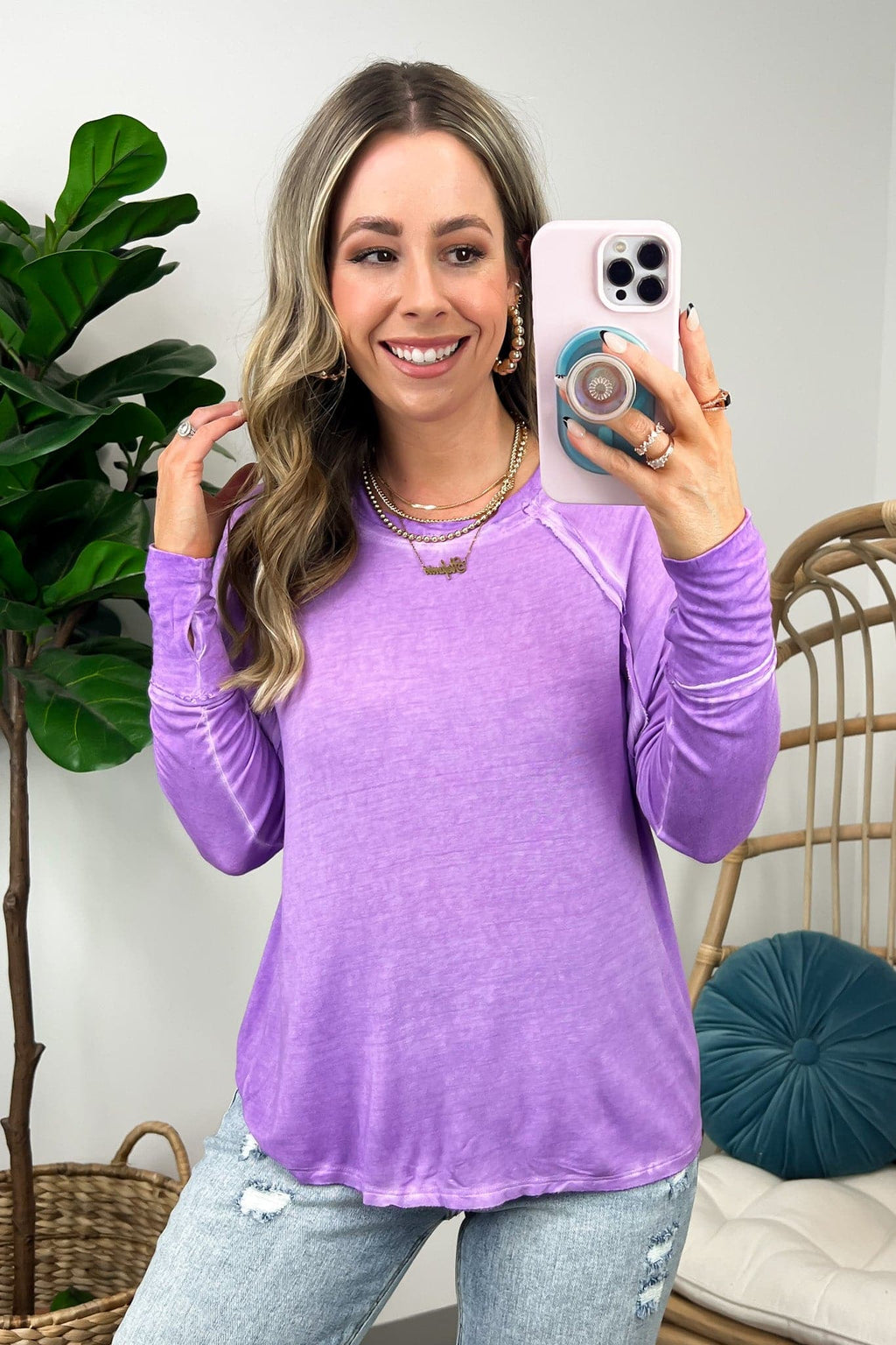 Deela Washed Scoop Neck Thumb Hole Top - FINAL SALE - Madison and Mallory