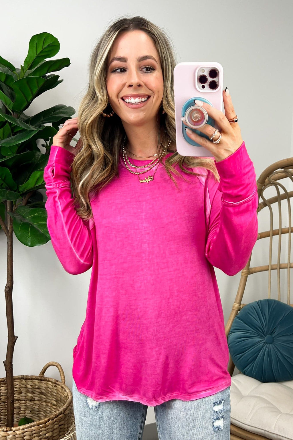 Deela Washed Scoop Neck Thumb Hole Top - FINAL SALE - Madison and Mallory