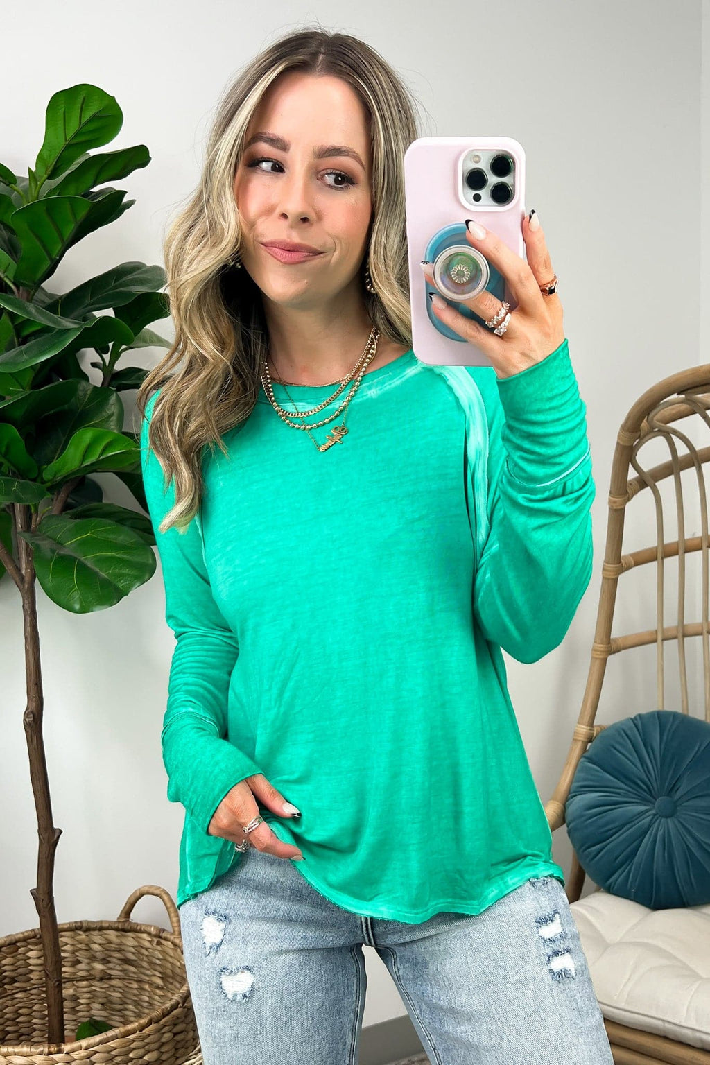 Deela Washed Scoop Neck Thumb Hole Top - FINAL SALE - Madison and Mallory