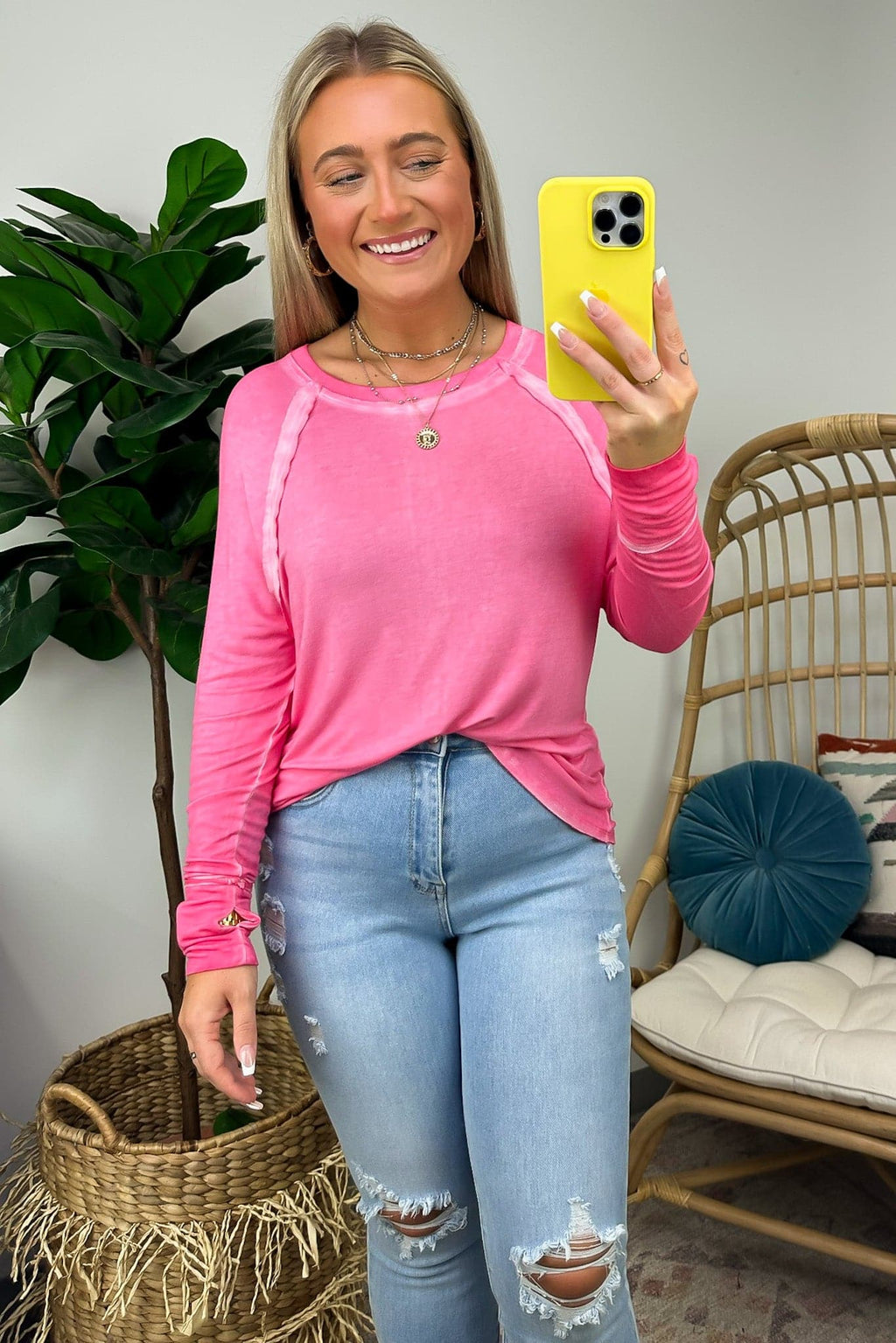 Candy Pink / S Deela Washed Scoop Neck Thumb Hole Top - FINAL SALE - Madison and Mallory