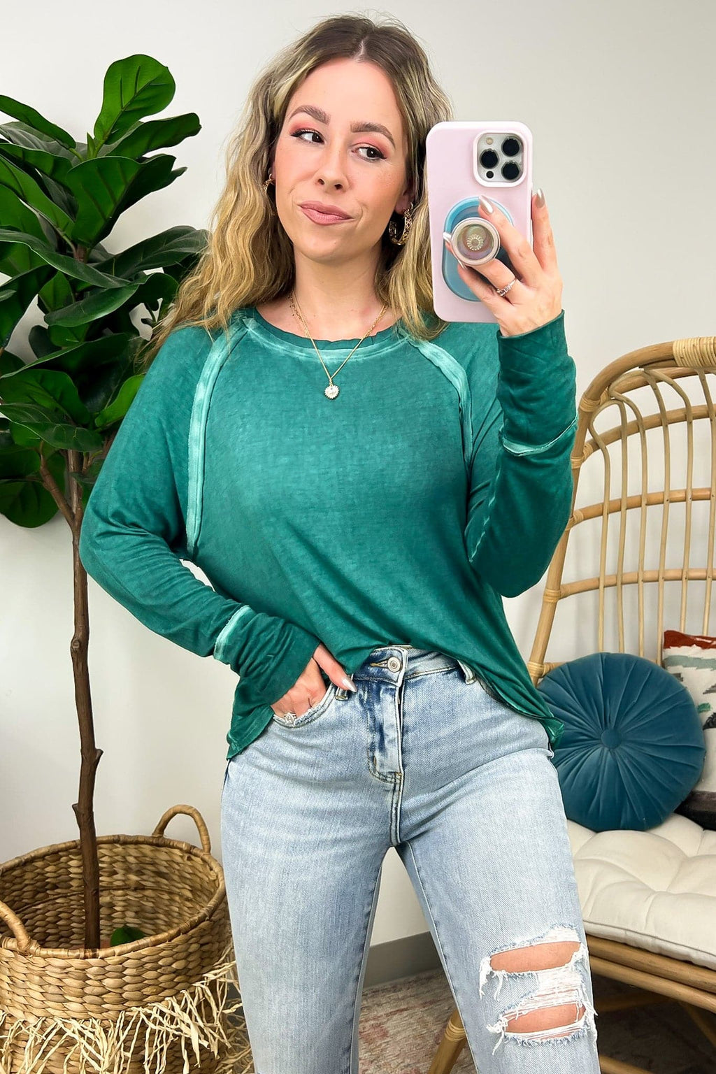 Deela Washed Scoop Neck Thumb Hole Top - FINAL SALE - Madison and Mallory