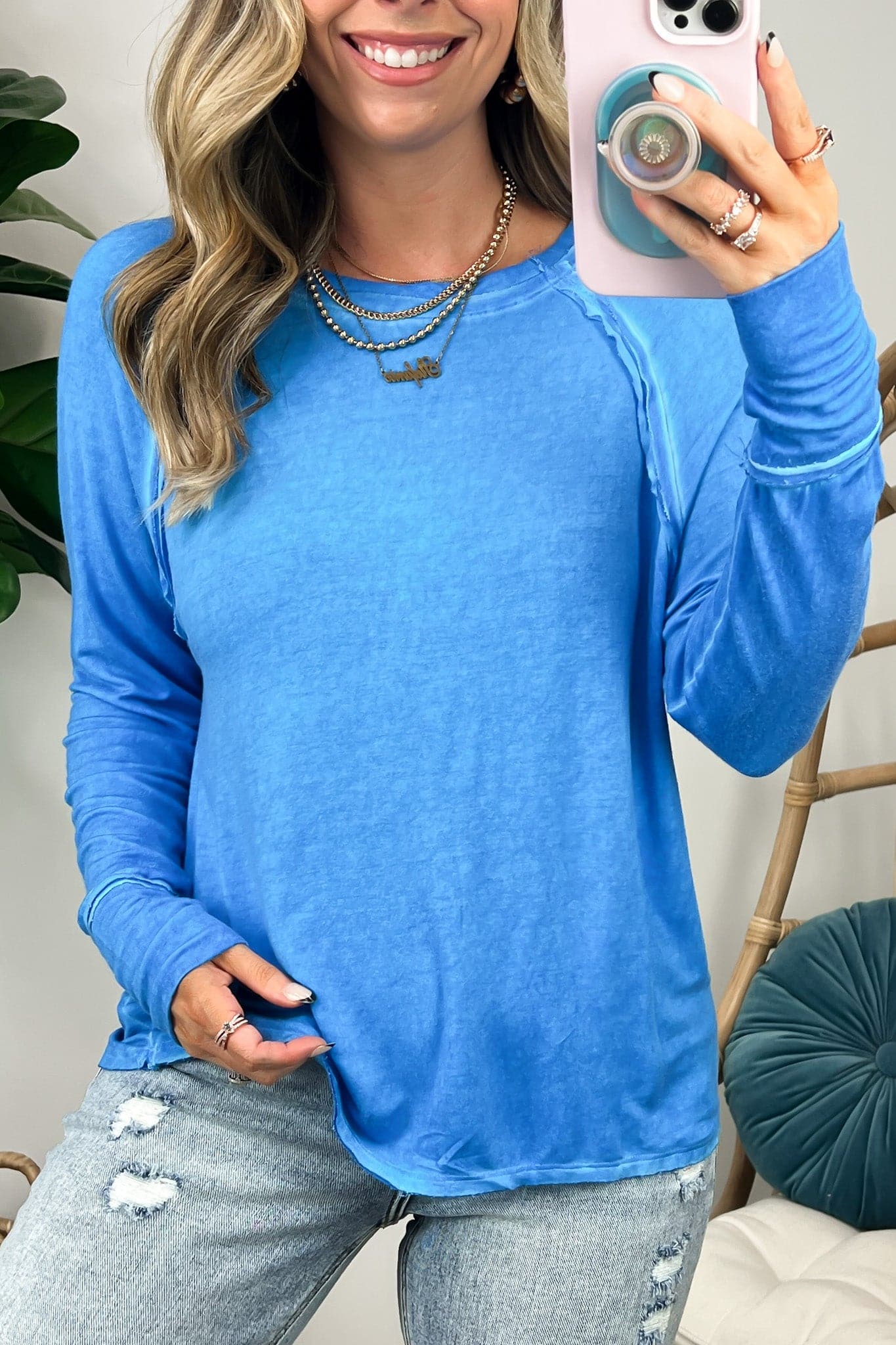 Ocean Blue / S Deela Washed Scoop Neck Thumb Hole Top - BACK IN STOCK - Madison and Mallory