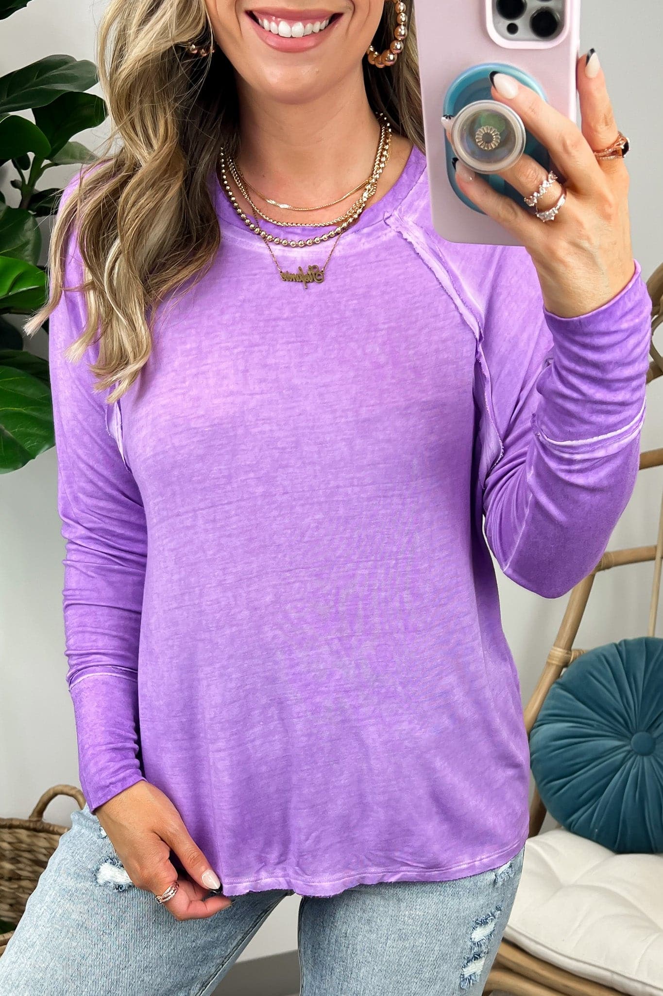 Bright Lavender / S Deela Washed Scoop Neck Thumb Hole Top - BACK IN STOCK - Madison and Mallory
