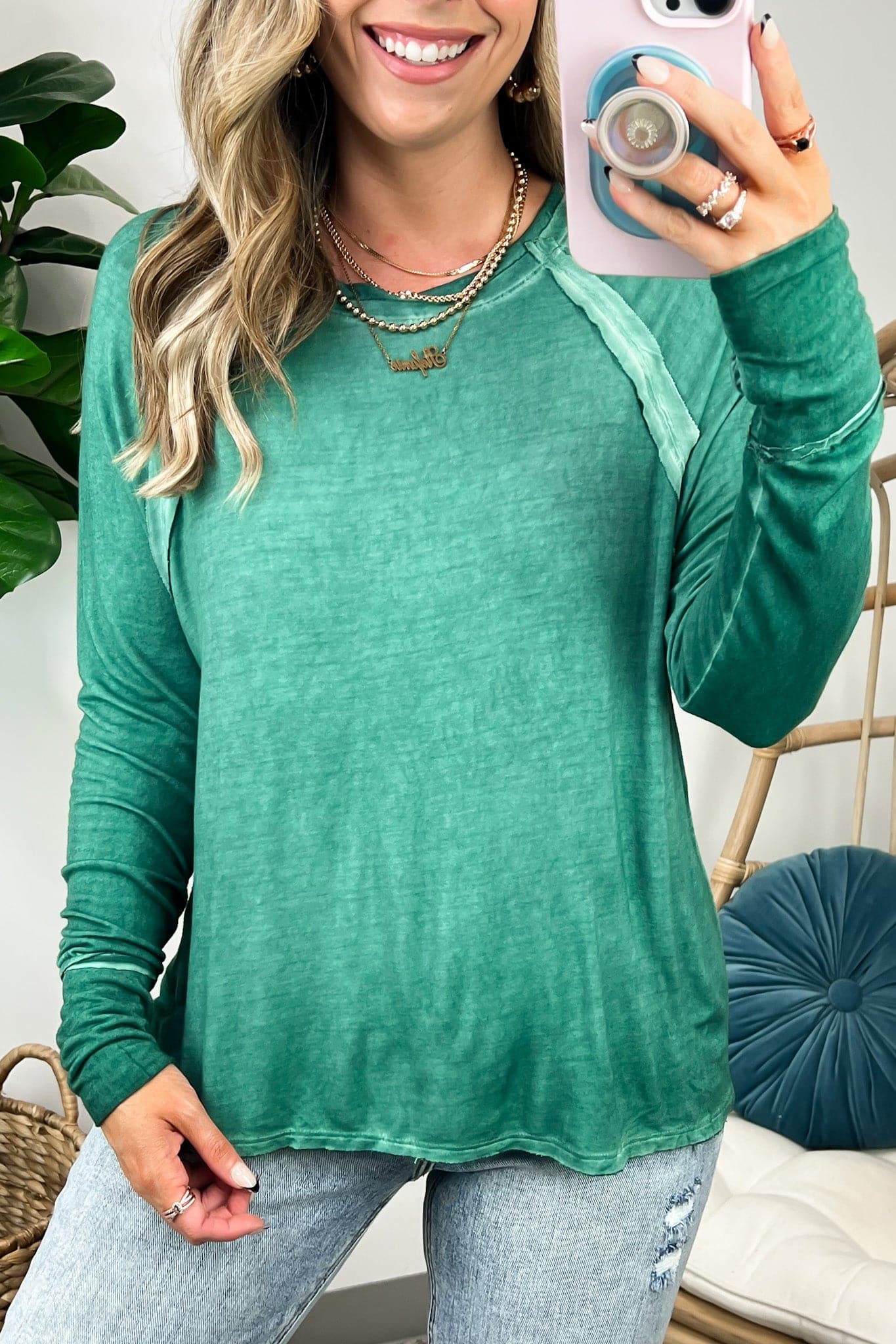 Dark Green / S Deela Washed Scoop Neck Thumb Hole Top - BACK IN STOCK - Madison and Mallory