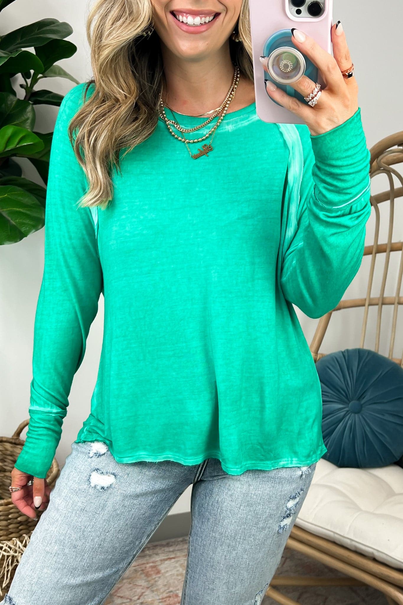 Kelly Green / S Deela Washed Scoop Neck Thumb Hole Top - BACK IN STOCK - Madison and Mallory