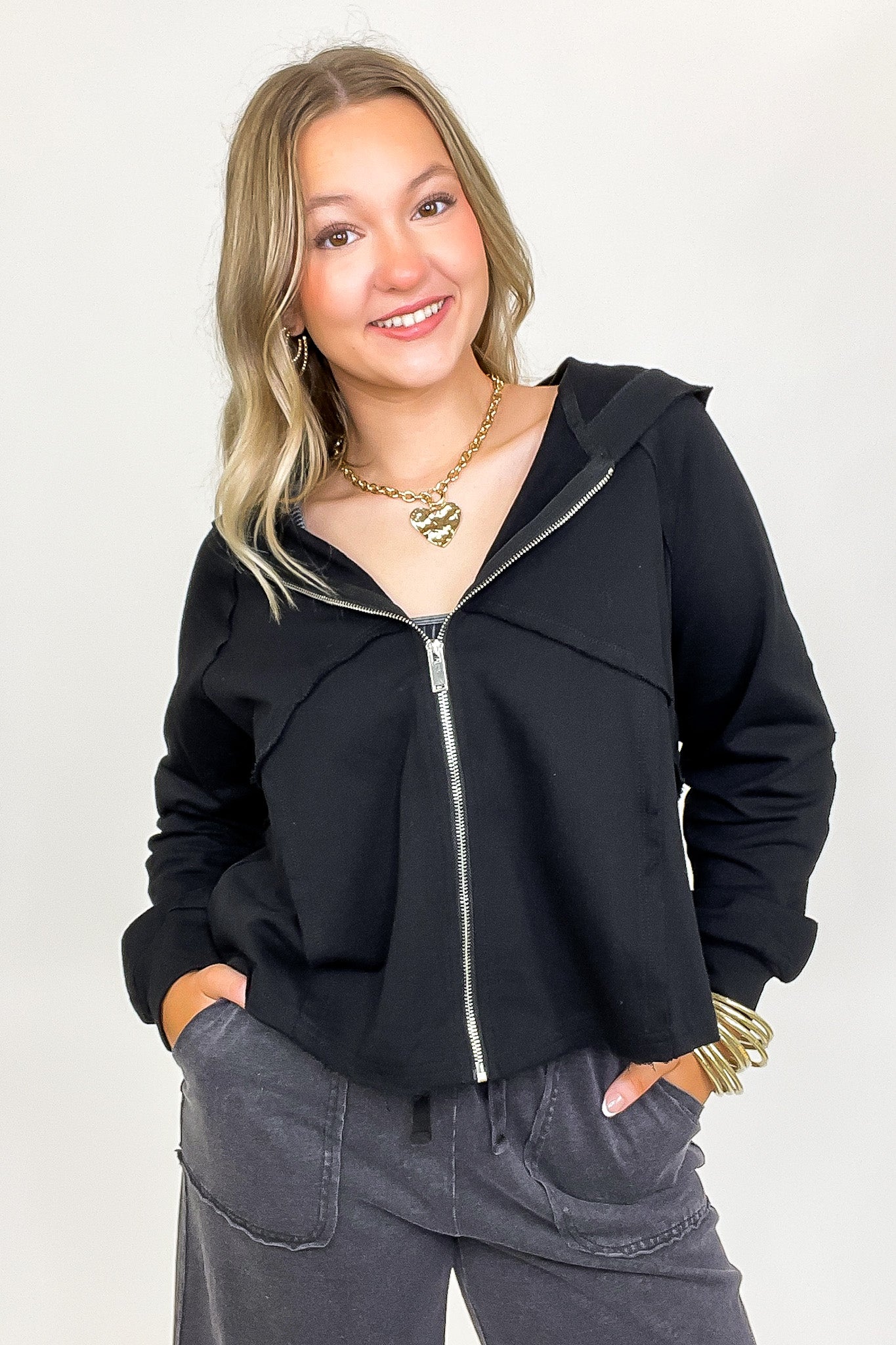 Black / S Defined Edge Seam Detail Hoodie - Madison and Mallory