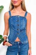 S / Blue Haze Defined Frame Denim Button-Up Corset Vest - Madison and Mallory