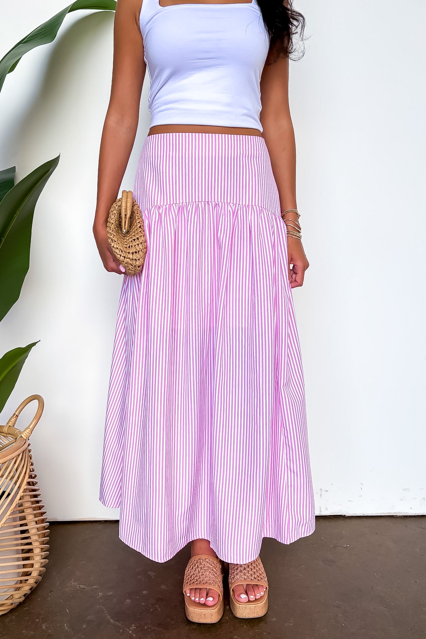 S / Pink/White Defined Curve Stripe Flared Maxi Skirt - Madison and Mallory