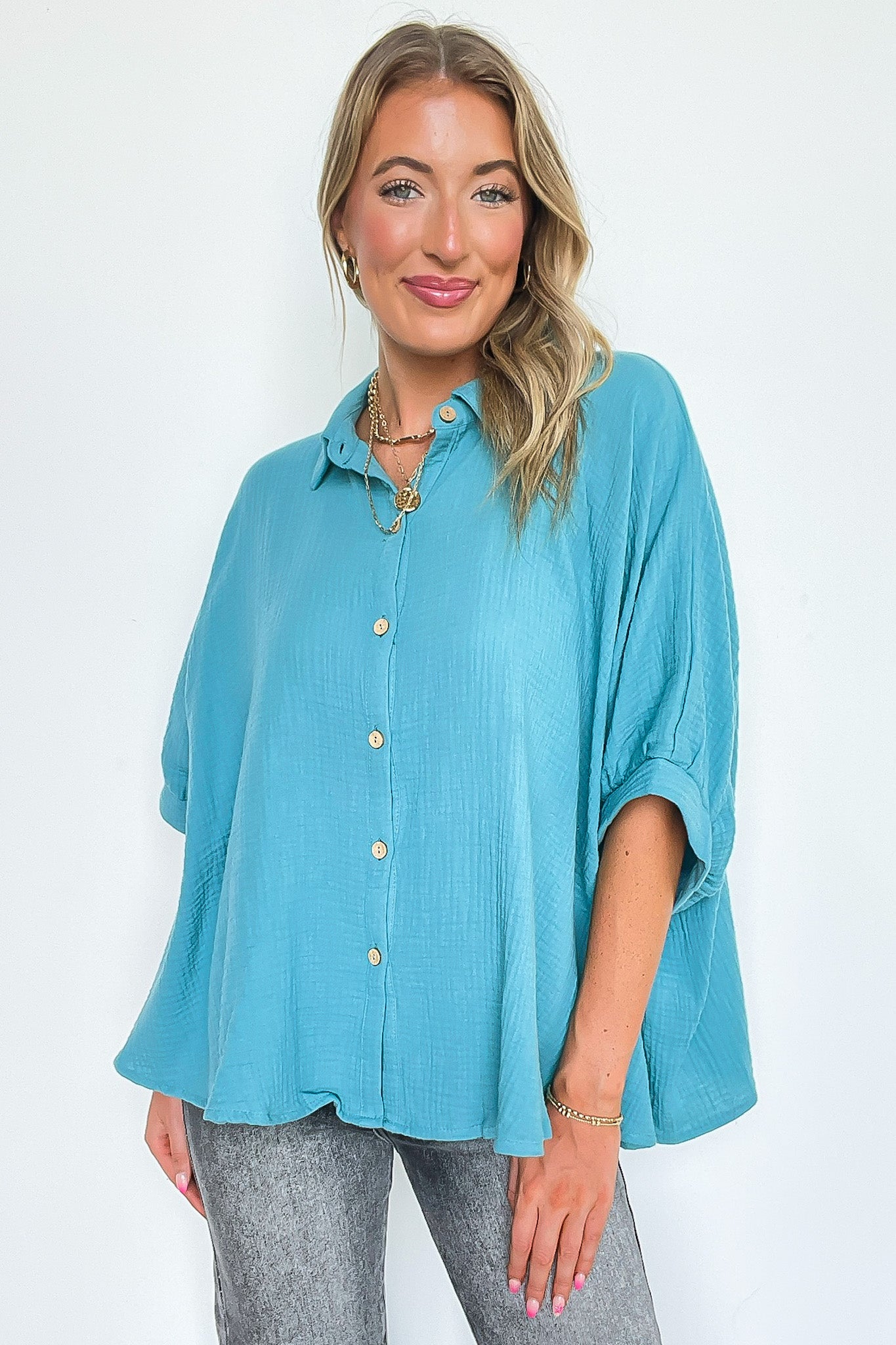 Dusty Teal / SM Delaney Double Gauze Button Down Top - FINAL SALE - Madison and Mallory
