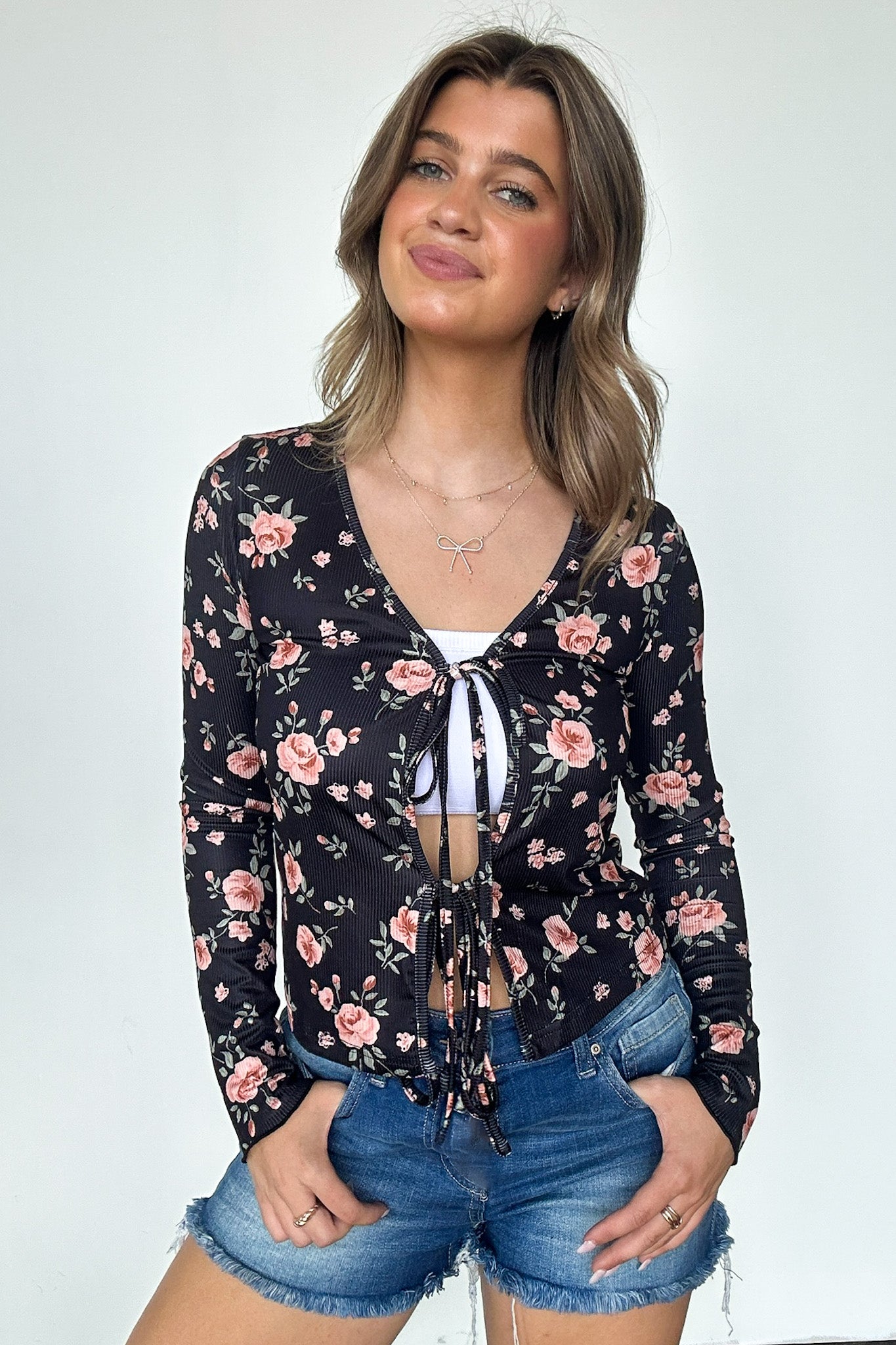 Delightful Aspect Floral Print Tie Front Cardigan - FINAL SALE - Madison and Mallory