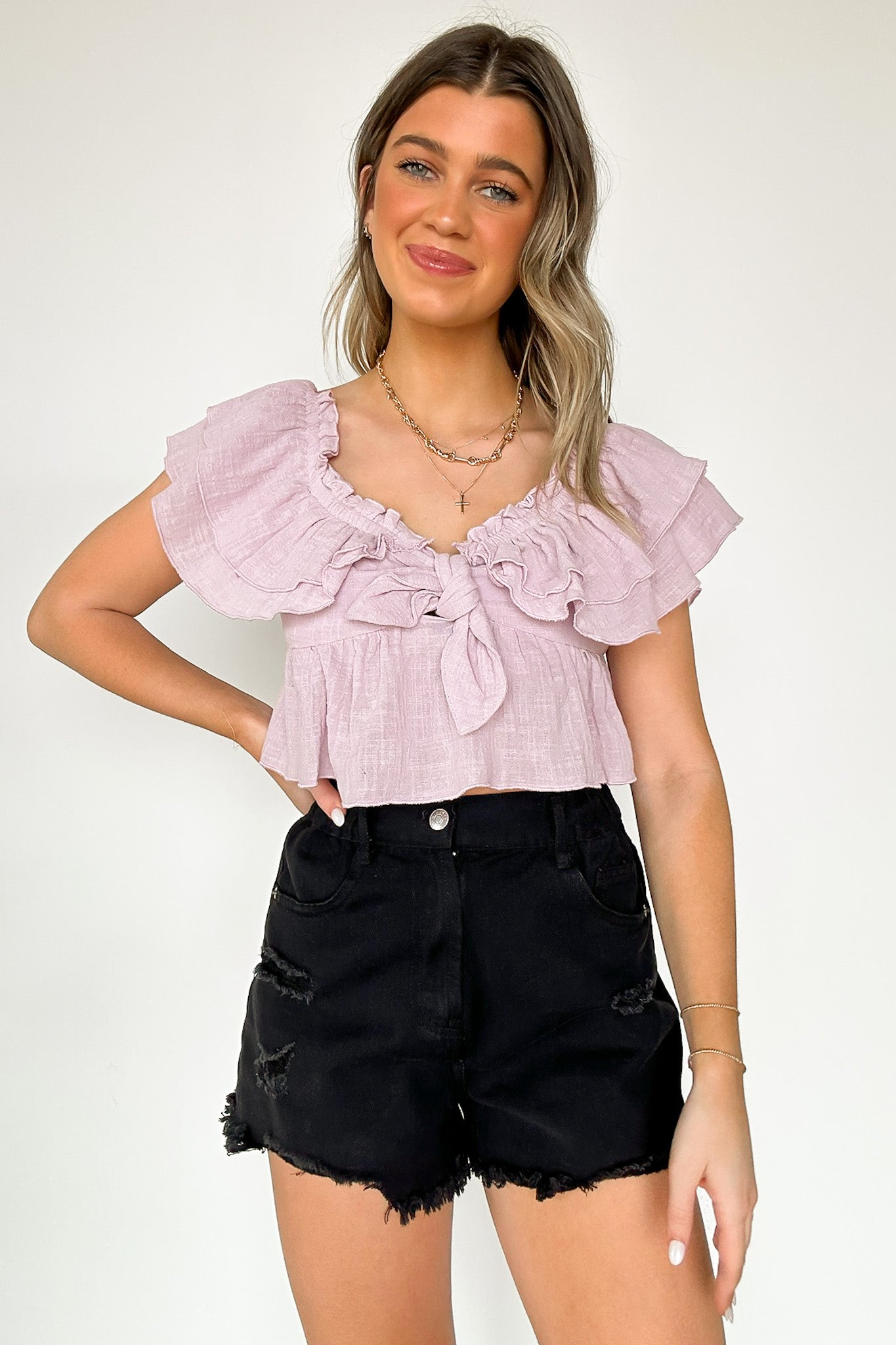 Hermosa / S Delightful Design Front Tie Ruffle Top - Madison and Mallory