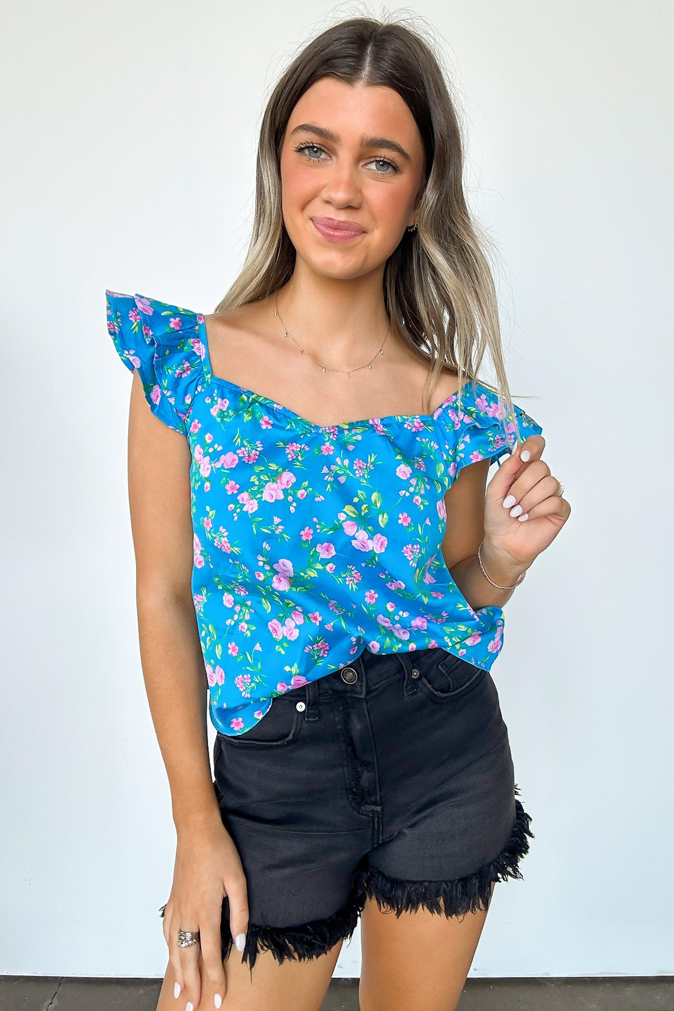 Blue / S Delightful Expression Floral Sweetheart Tank Top - Madison and Mallory