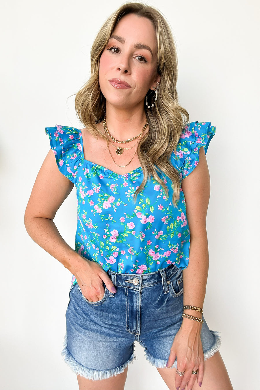 Blue / S Delightful Expression Floral Sweetheart Tank Top - Madison and Mallory