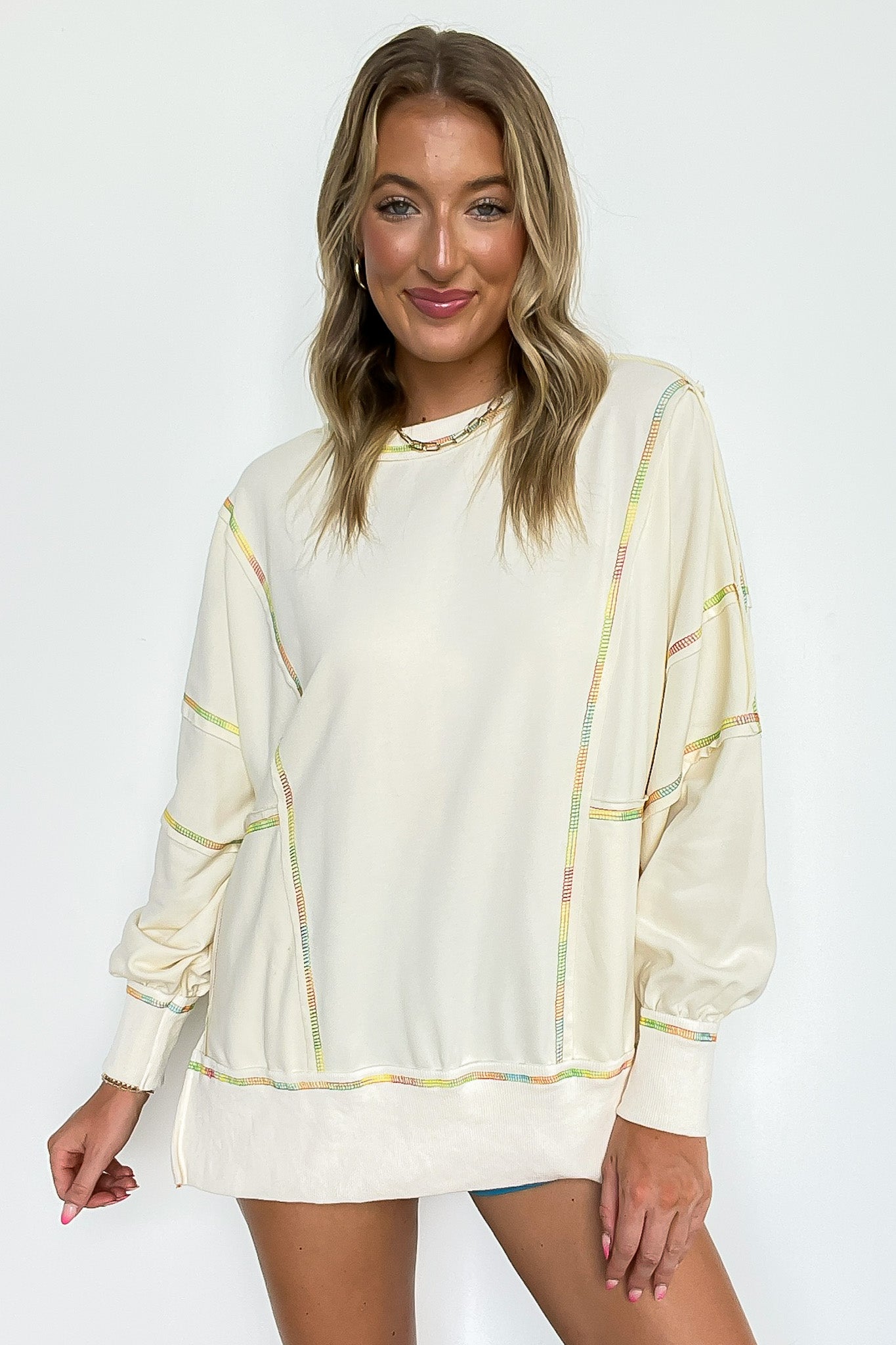 S / Cream Delilah Multi Color Stitch Detail Oversized Sweatshirt - Madison and Mallory