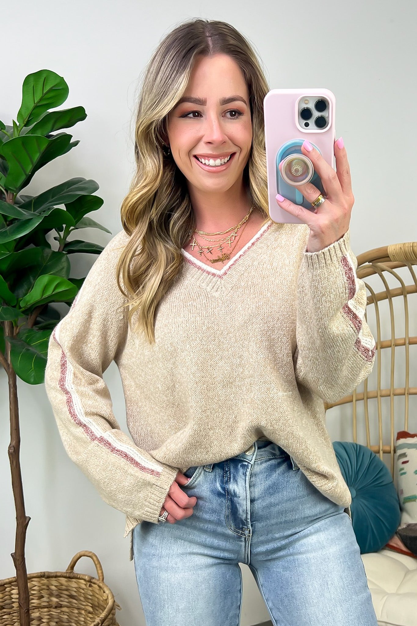 Sand / S Delinah V-Neck Stripe Sweater - Madison and Mallory