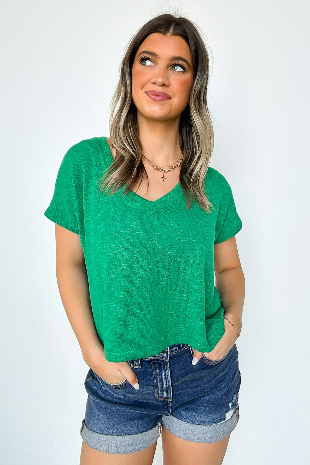 Kelly Green / S Dellah V-Neck Short Sleeve Top - FINAL SALE - Madison and Mallory