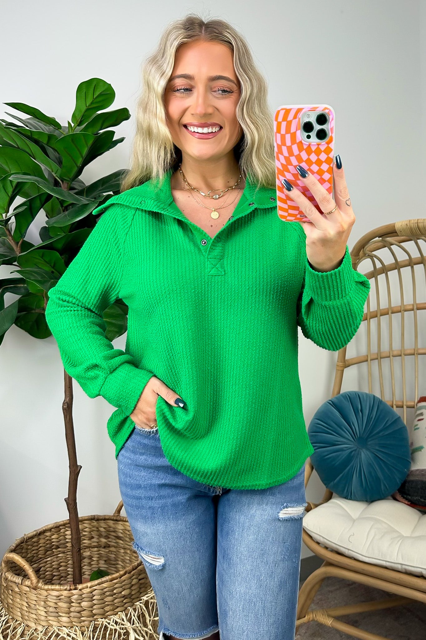 Kelly Green / S Delora Collared Textured Knit Top - FINAL SALE - Madison and Mallory