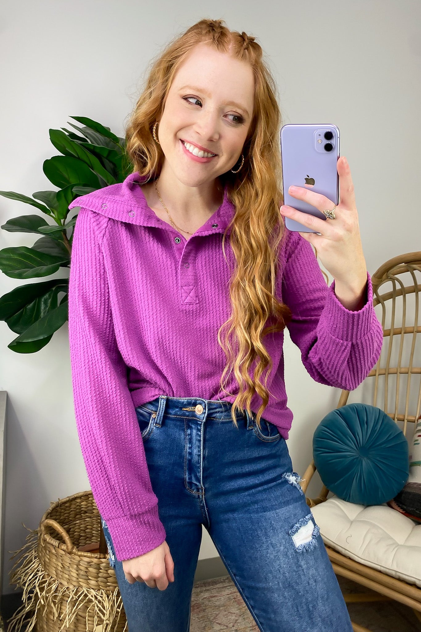 Orchid / S Delora Collared Textured Knit Top - FINAL SALE - Madison and Mallory