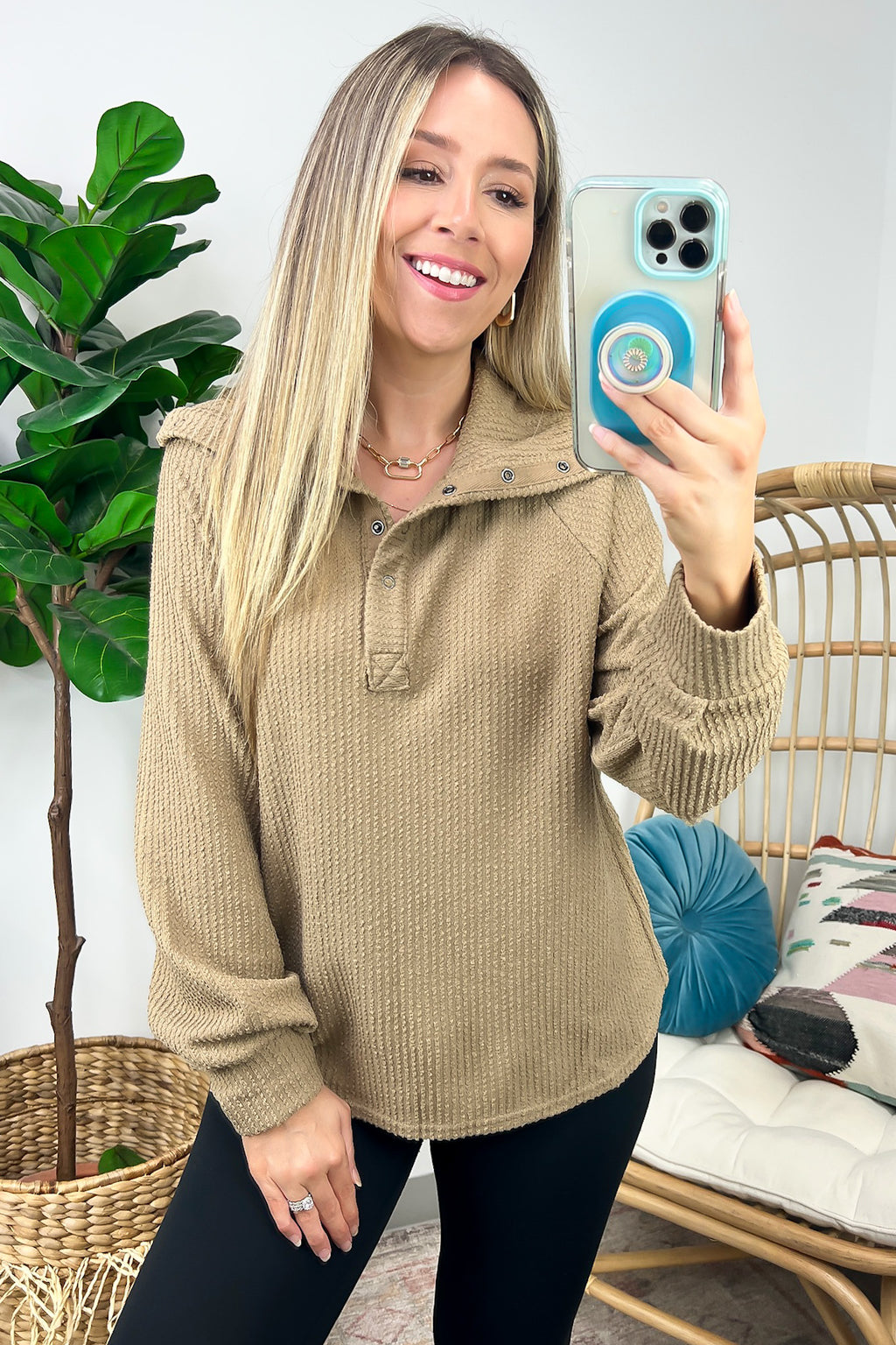 Mocha / S Delora Collared Textured Knit Top - FINAL SALE - Madison and Mallory