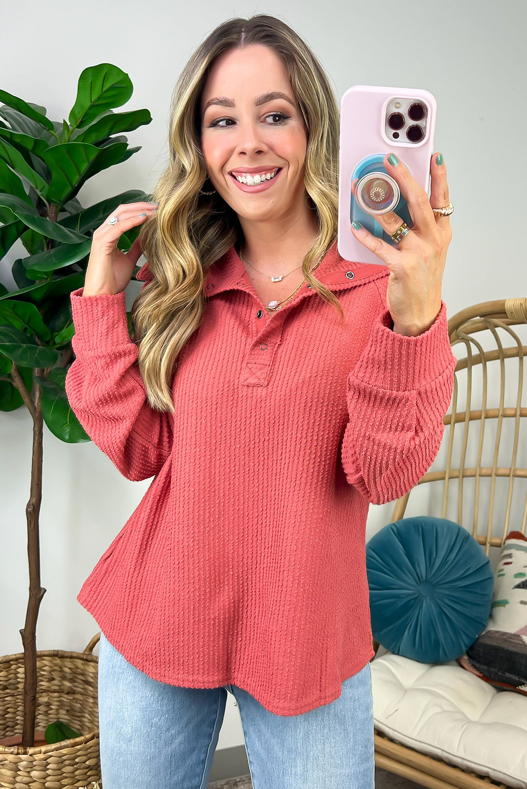 Rust / S Delora Collared Textured Knit Top - FINAL SALE - Madison and Mallory