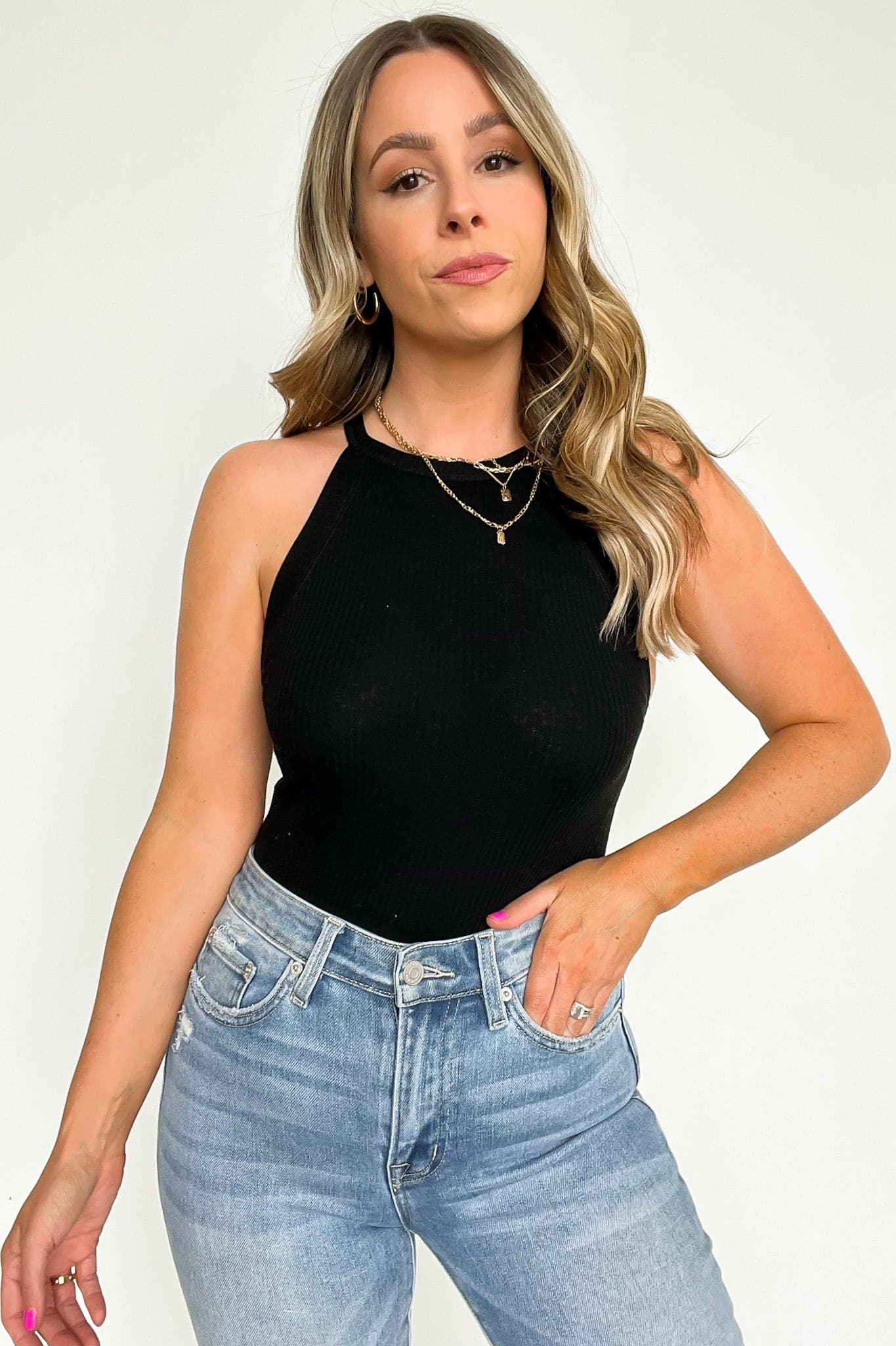 Black / S Delphina Ribbed High Neck Tank Top - Madison and Mallory