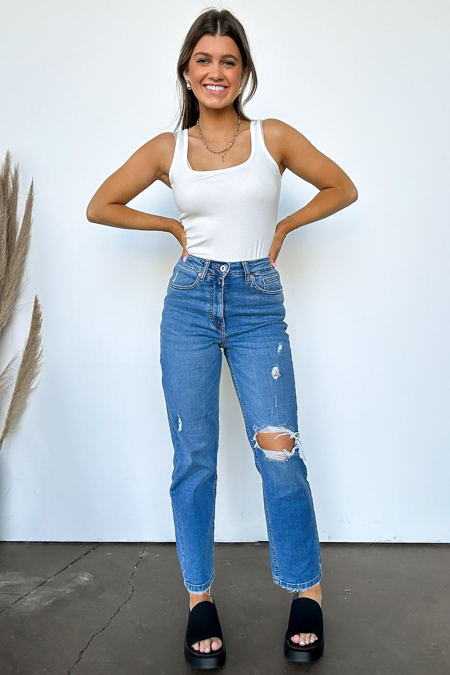  Demie High Rise Distressed Slim Straight Jeans - Madison and Mallory