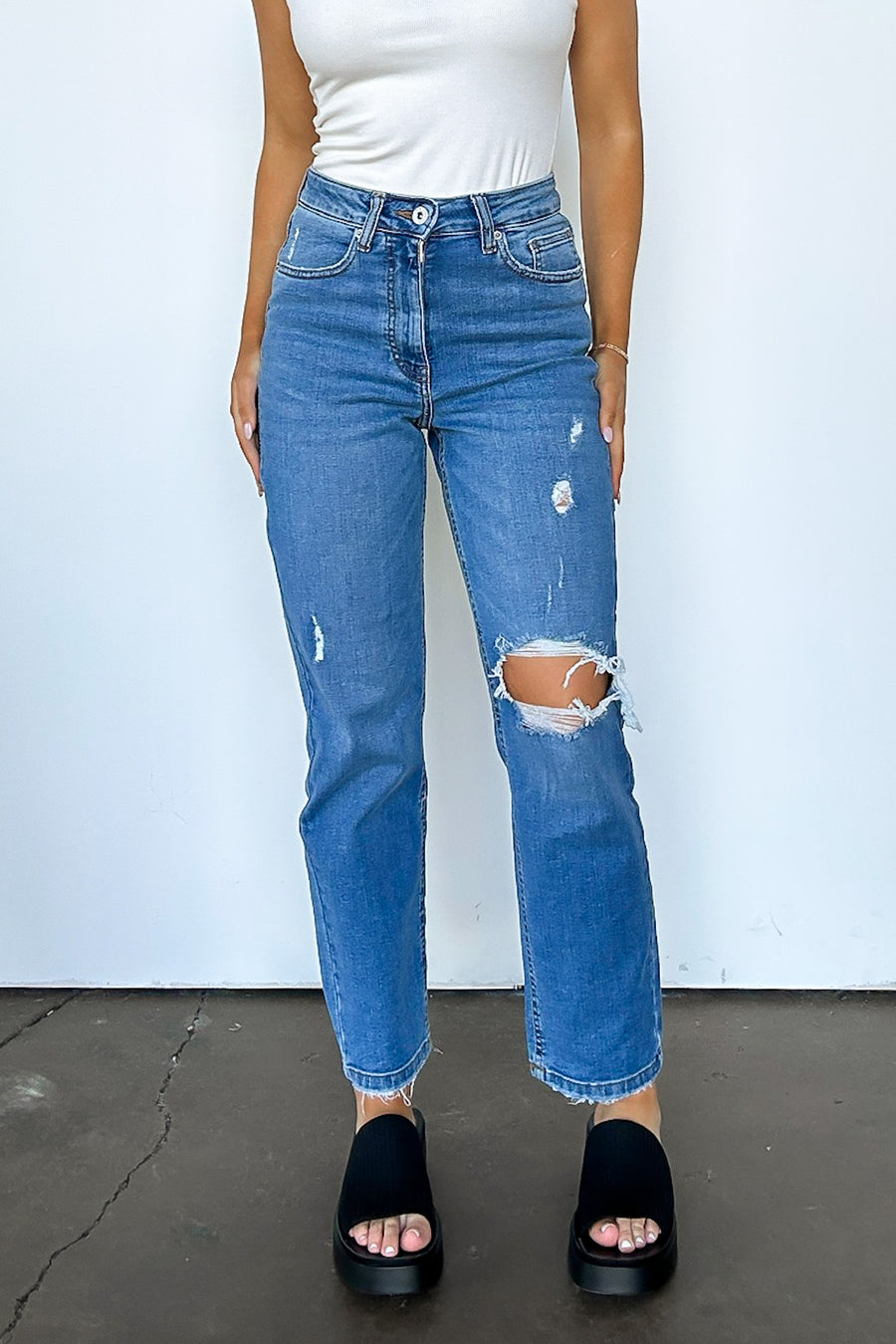 1 / Medium Denim Demie High Rise Distressed Slim Straight Jeans - Madison and Mallory