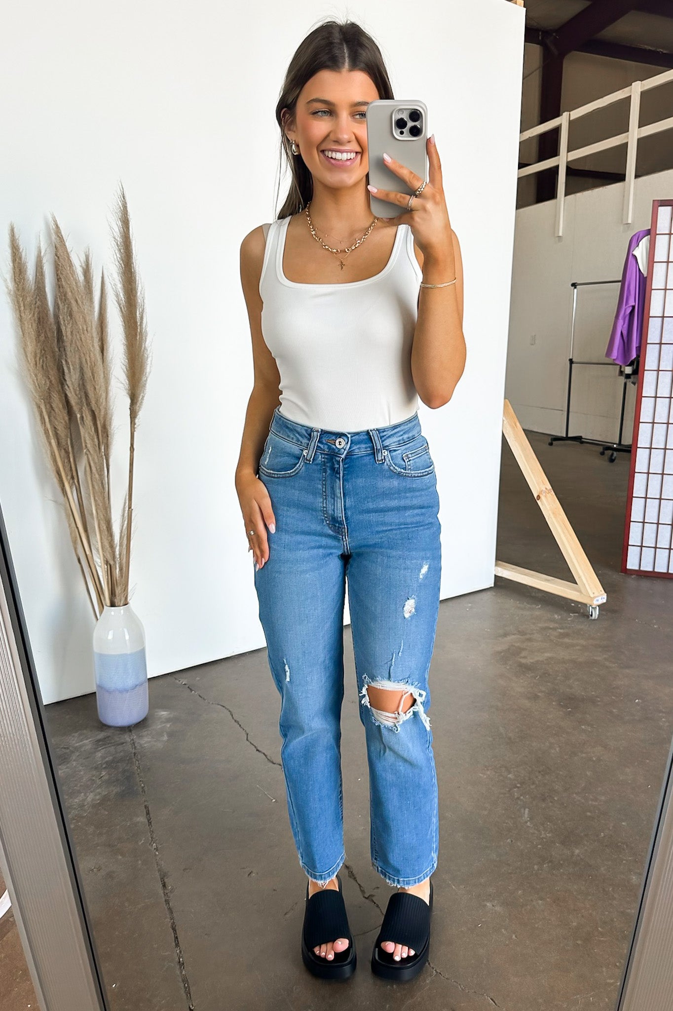  Demie High Rise Distressed Slim Straight Jeans - Madison and Mallory